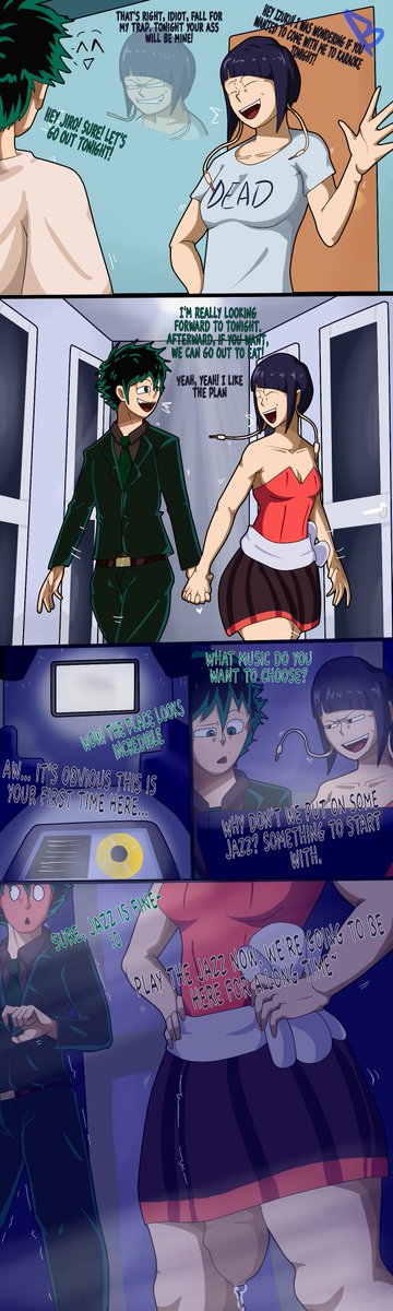 1boy, 1futa, big penis, blush, breasts, clothing, comic, comic page, date, dress, futa with male, futanari, green eyes, green hair, huge cock, imminent sex, izuku midoriya, jirou kyouka, kyoka jiro, male, my hero academia, penis, precum, purple hair, red and blu, revenge, short hair, skirt, small breasts, suit, suit and tie, thick, thick thighs