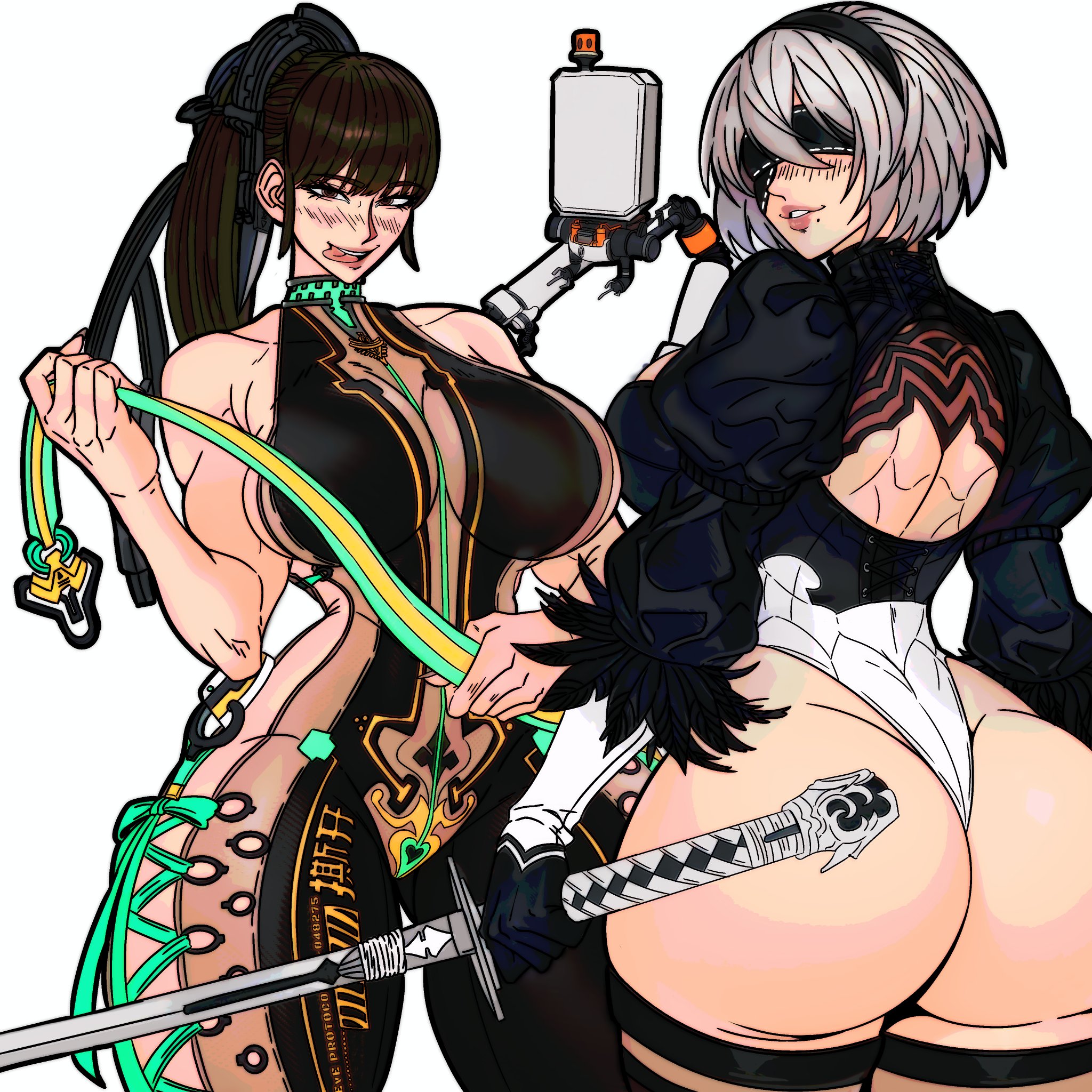 2girls, ass, big ass, big breasts, black hair, blindfold, breasts, crossover, eve (stellar blade), female, female only, huge ass, huge breasts, large ass, large breasts, long hair, master dcj, mdcj77, multiple girls, nier, nier (series), nier: automata, pod (nier), ponytail, stellar blade, white hair, yorha 2b