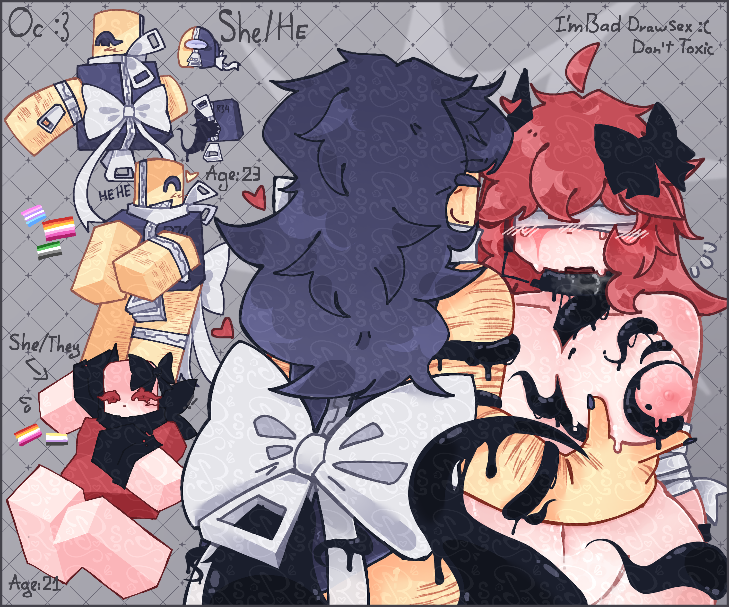 2girls, areolae, blindfold, blocky body, blue hair, blush, breasts, english text, female, female only, nipples, nude, oc, original character, original characters, partially clothed, pussy, red hair, rlosed, roblox, robloxian, self upload, standing, tagme, tentacle, tentacles, text, thighs, yellow skin, yuri
