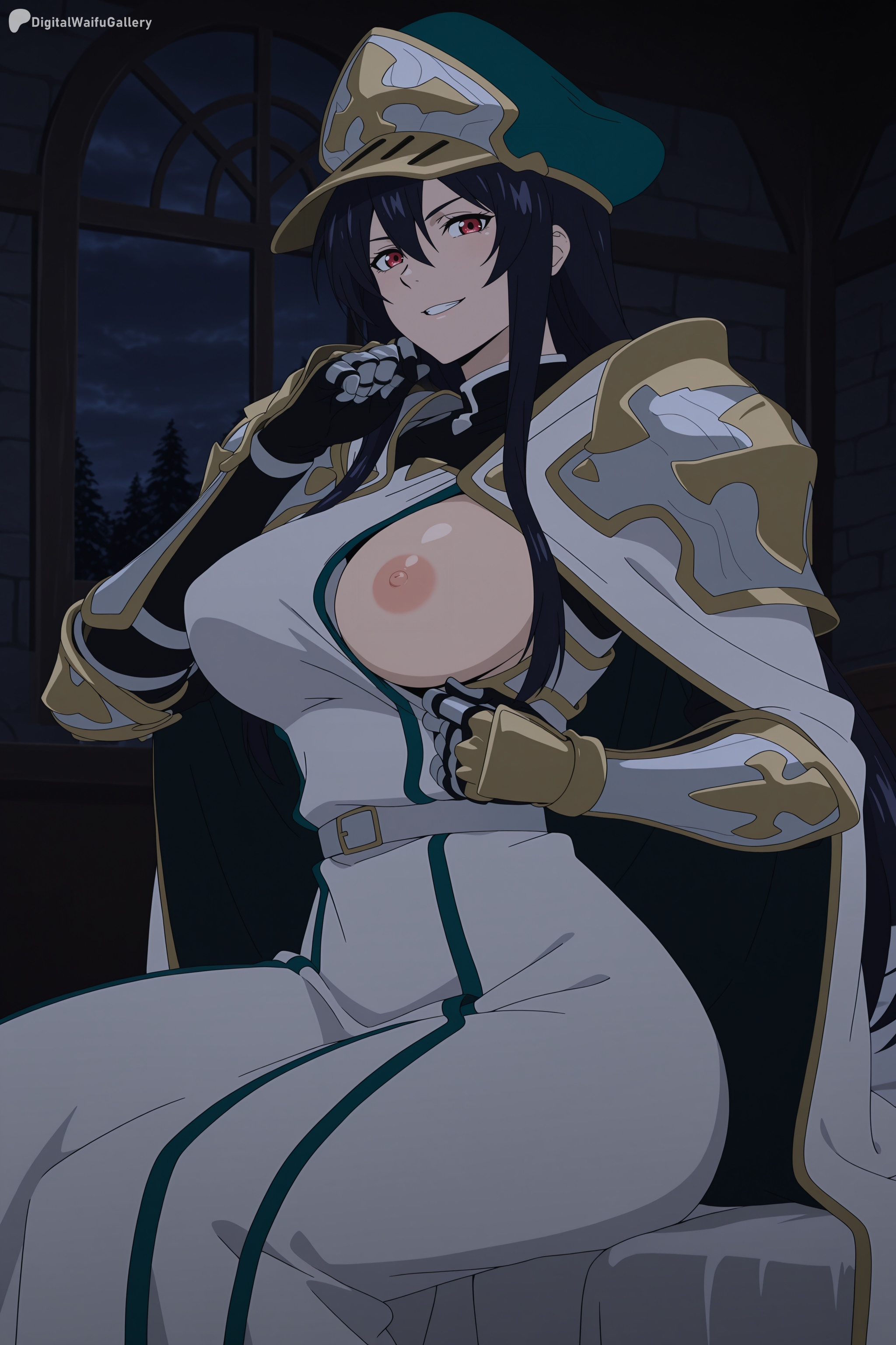 ai generated, artist name, black hair, breasts, breasts outside, digitalwaifugallery, dress, female, female only, fingerless gloves, gloves, hair between eyes, hat, hi res, high quality, high resolution, indoors, kivia patausche, large breasts, long hair, looking at viewer, mole, night, nipples, no bra, one breast out, parted lips, patreon, red eyes, seductive, sexy, sitting, smile, solo, tabard, uncensored, watermark, yuushakei ni shosu