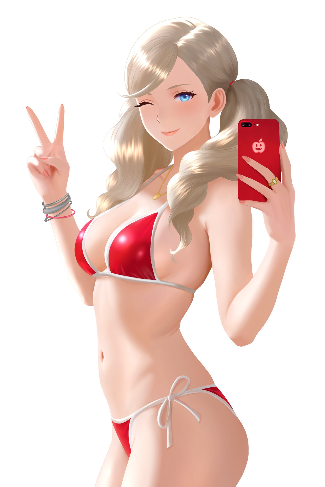 1girls, ann takamaki, armwear, atlus, bikini, bikini bottom, bikini top, blonde hair, blue eyes, bottomwear, bracelet, bracelets, breasts, fashionista, female, female only, gyaruish, hair, holding object, holding phone, medium breasts, mikan zakuro, nails, one eye closed, peace sign, persona, persona 5, phone, red bikini, selfie, smile, solo, solo female, swimwear, thighs, topwear, twintails, white background, wink, winking