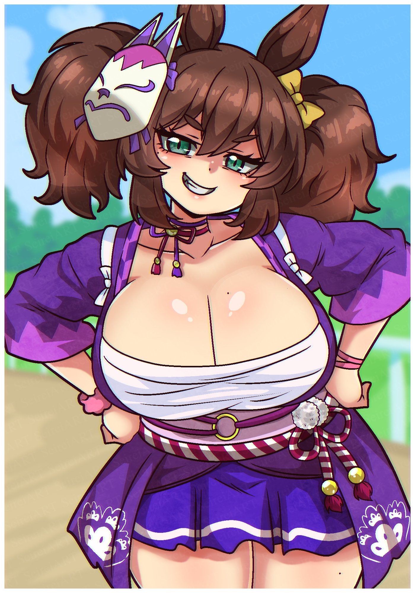 1girls, big breasts, brown hair, cygames, female, female only, horse girl, huge breasts, inari one (edomurasaki) (umamusume), inari one (umamusume), light skin, light-skinned female, mask on head, sarashi, seireiart, skirt, umamusume, umamusume pretty derby, umamusume: cinderella gray