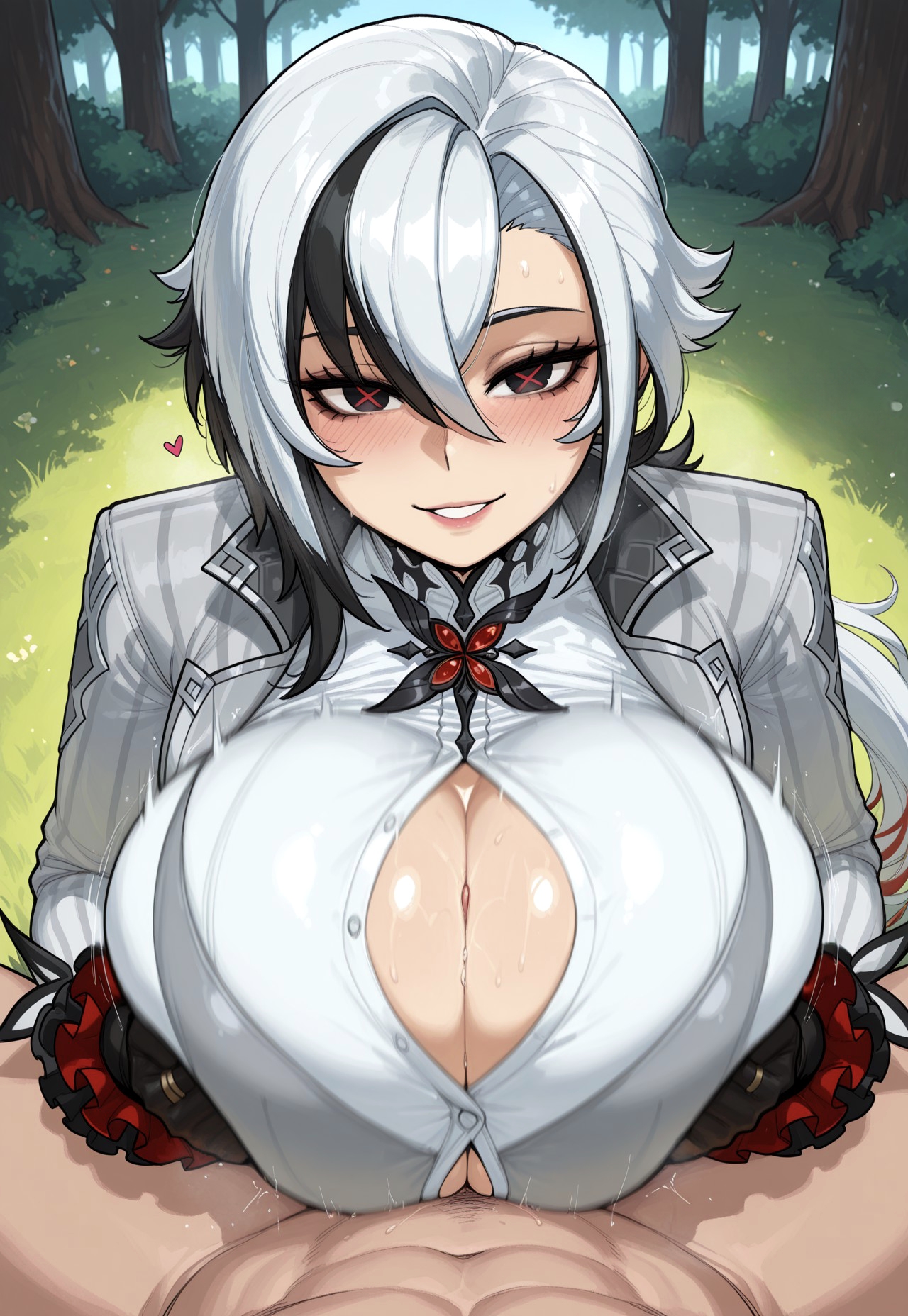 1boy, 1girls, ai generated, arlecchino (genshin impact), big breasts, black eyes, black gloves, black pants, blush, bonfire, breasts squeezed together, coat, eyelashes, forest, frills, genshin impact, grey coat, grey vest, hair between eyes, huge breasts, jewelry, large breasts, long fingernails, long sleeves, low ponytail, mihoyo, milf, motion blur, motion lines, multicolored hair, nail polish, neckline, paizuri, remington34, shirt, smile, streaked hair, thicc thighs, tree, wide hips, x-shaped pupils