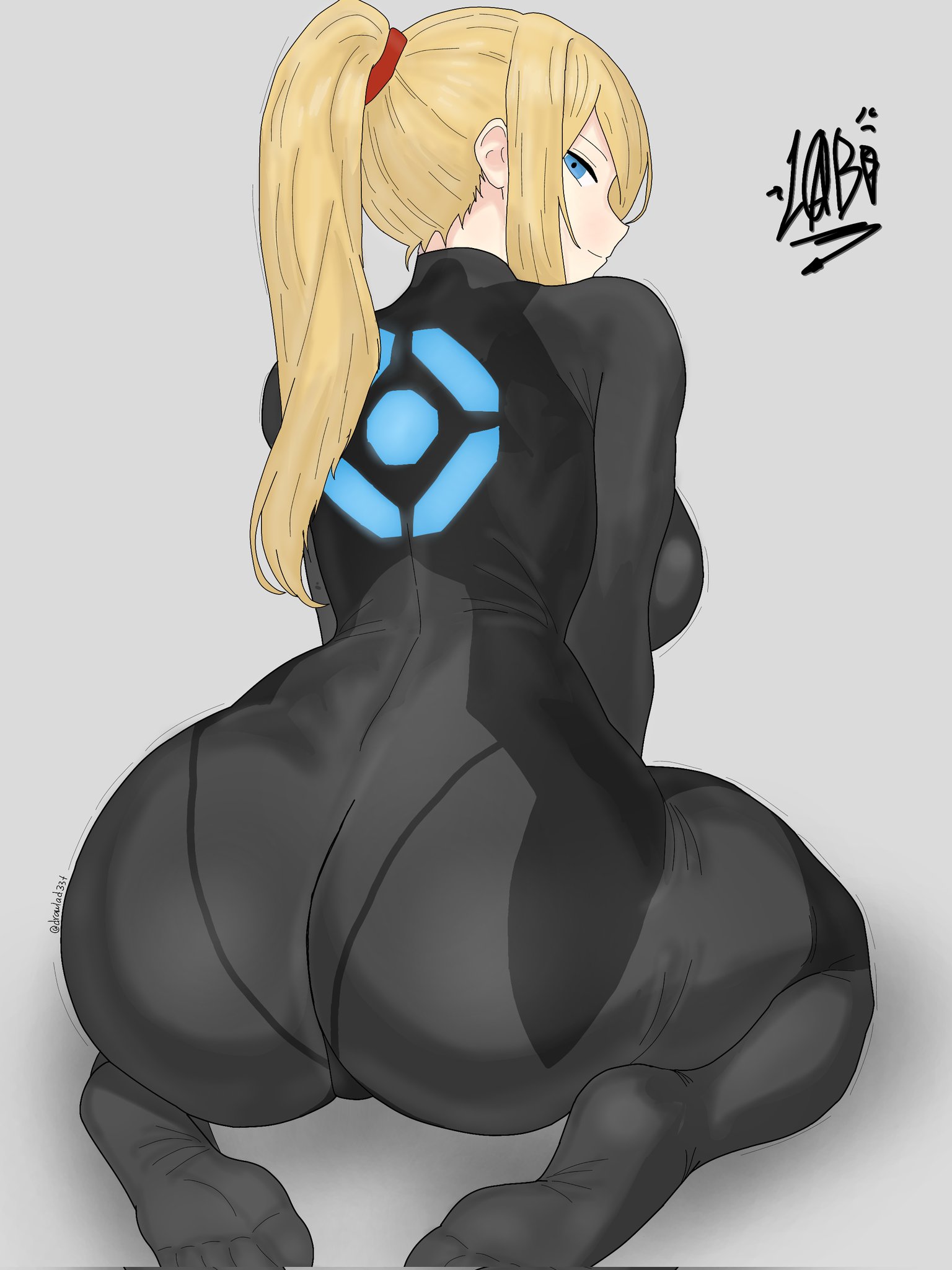 1girls, ass, ass focus, back, back view, big ass, big breasts, big butt, black bodysuit, blonde hair, blue eyes, bodysuit, breasts, bubble ass, bubble butt, busty, calves, curvaceous, curvy, curvy female, curvy figure, drawlab33t, fat ass, feet, female, female focus, female only, hair between eyes, hi res, high ponytail, high resolution, highres, huge ass, huge butt, kneeling, large ass, large breasts, light blush, light skin, light skinned female, light-skinned female, long hair, looking back, metroid, nintendo, ponytail, rear view, samus aran, simple background, sitting, skin tight, skintight, skintight bodysuit, smile, smiling, smiling at viewer, soles, solo, solo female, solo focus, tagme, thick thighs, thighs, thin waist, tight bodysuit, tight clothes, tight clothing, viewed from behind, voluptuous, voluptuous female, wide hips, zero suit, zero suit samus