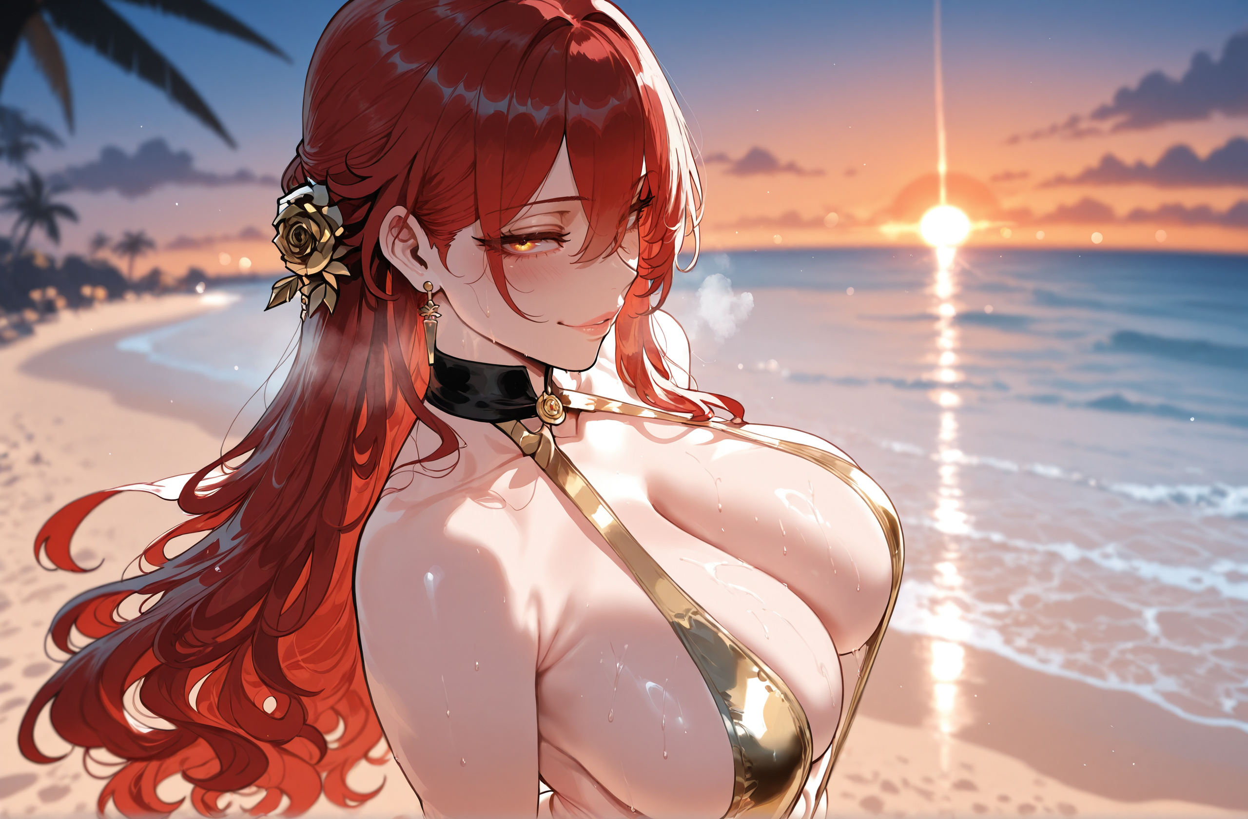 1girls, ai generated, bangs, bare shoulders, beach, bikini, blush, breasts, breath, choker, cleavage, closed mouth, clothing, collarbone, curvaceous, curvaceous female, curvaceous figure, curvy, curvy figure, day, earrings, exhibitionism, female, female focus, female only, flower, flower choker, gradient sky, hair between eyes, hair flower, hair ornament, himeko (honkai: star rail), honkai: star rail, inviting, inviting to sex, jewelry, large breasts, lips, long hair, looking at viewer, makeup, miyuai, ocean, outdoor nudity, outdoors, outside, outside sex, palm tree, presenting breasts, presenting self, red hair, sand, seductive, seductive look, seductive smile, shiny skin, shore, sideboob, sidelocks, sky, slingshot swimsuit, smile, solo, sun, sunrise, sunset, sweat, swimsuit, tree, upper body, voluptuous, voluptuous female, water, wavy hair, wet, yellow eyes