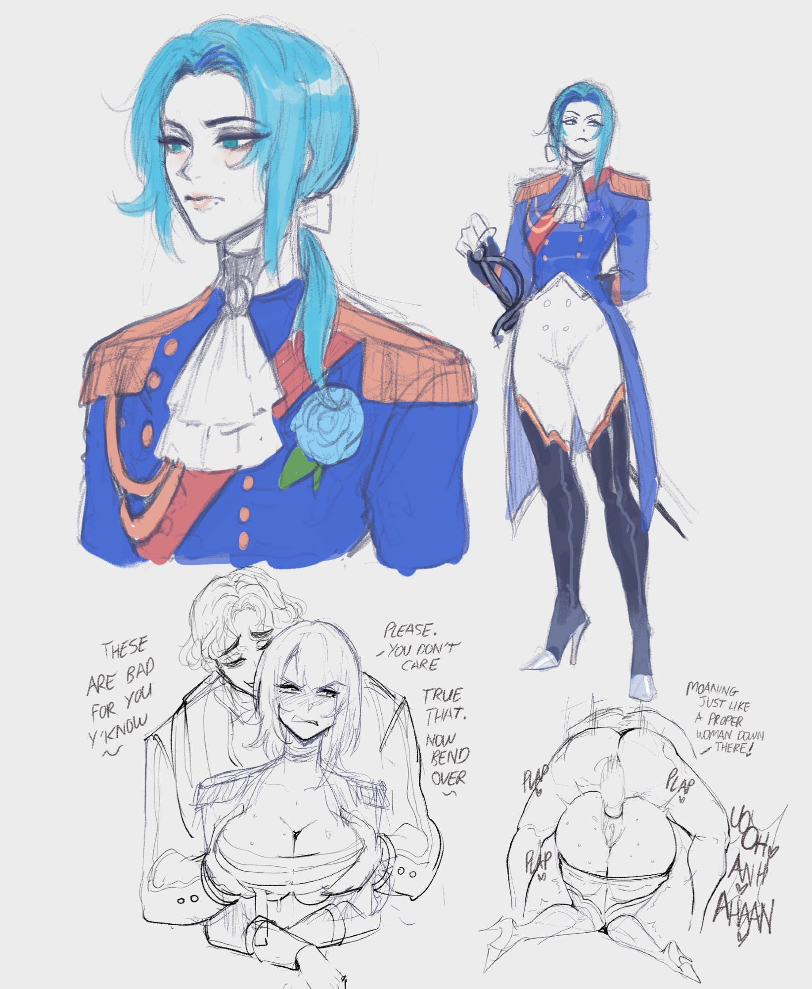 1boy, 1girls, anal, anal sex, ass, binder (clothing), blue eyes, blue hair, breasts, breasts out, clentched teeth, dialogue, elizabeth (twistedtendril), english text, grabbing breasts, groping, groping breasts, large ass, large breasts, mole, mole under mouth, noblewoman, original, original character, penis, scowl, sweat, sweatdrop, sword, text, thiccwithaq, thick thighs, thighs, uniform, vincent (twistedtendril)