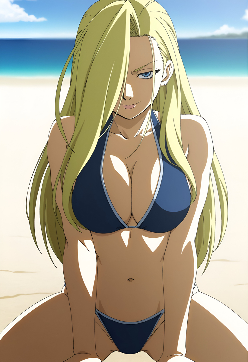 1girls, ai generated, bikini, blonde hair, blue bikini, blue eyes, breasts, clothed, clothed female, duderu vanilla, female, female only, fullmetal alchemist, fullmetal alchemist brotherhood, hair over one eye, navel, olivier mira armstrong, solo, swimsuit