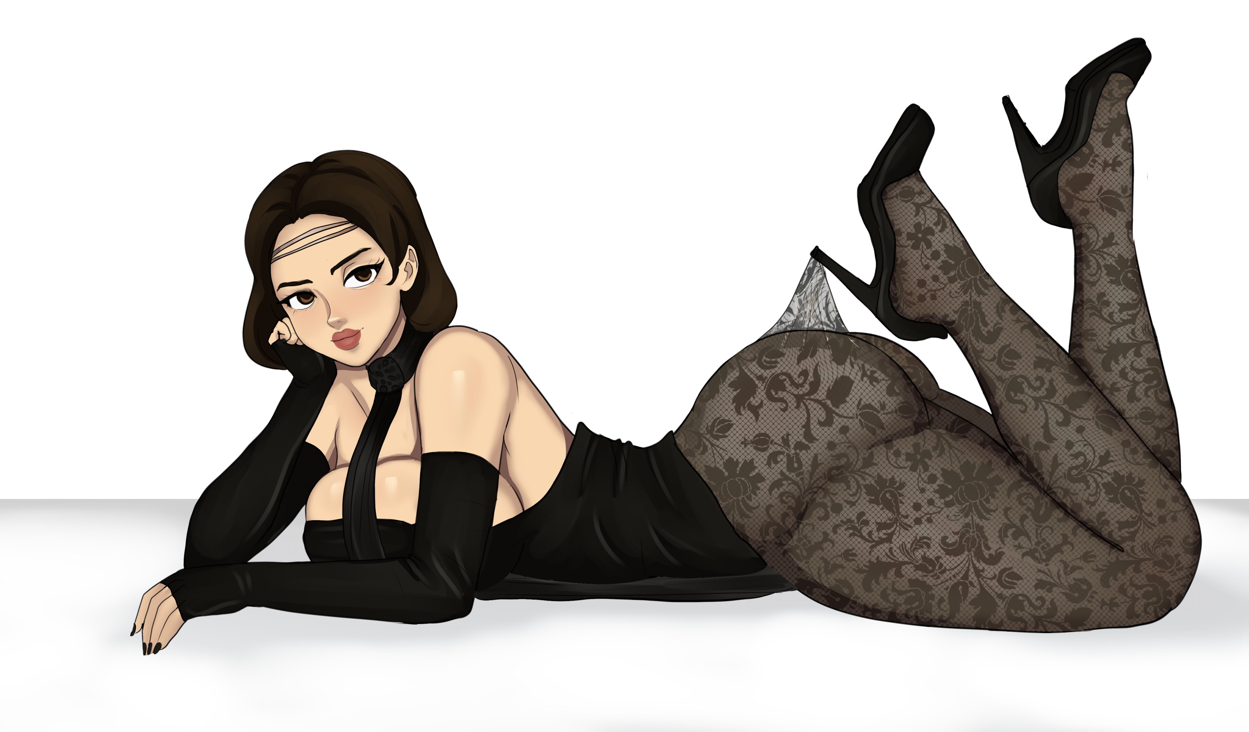 1girls, ass, big ass, brown hair, female, female only, hambu, high heels, lace, lace pantyhose hooked on heel (meme), padme amidala, pantyhose, solo, star wars, thick thighs