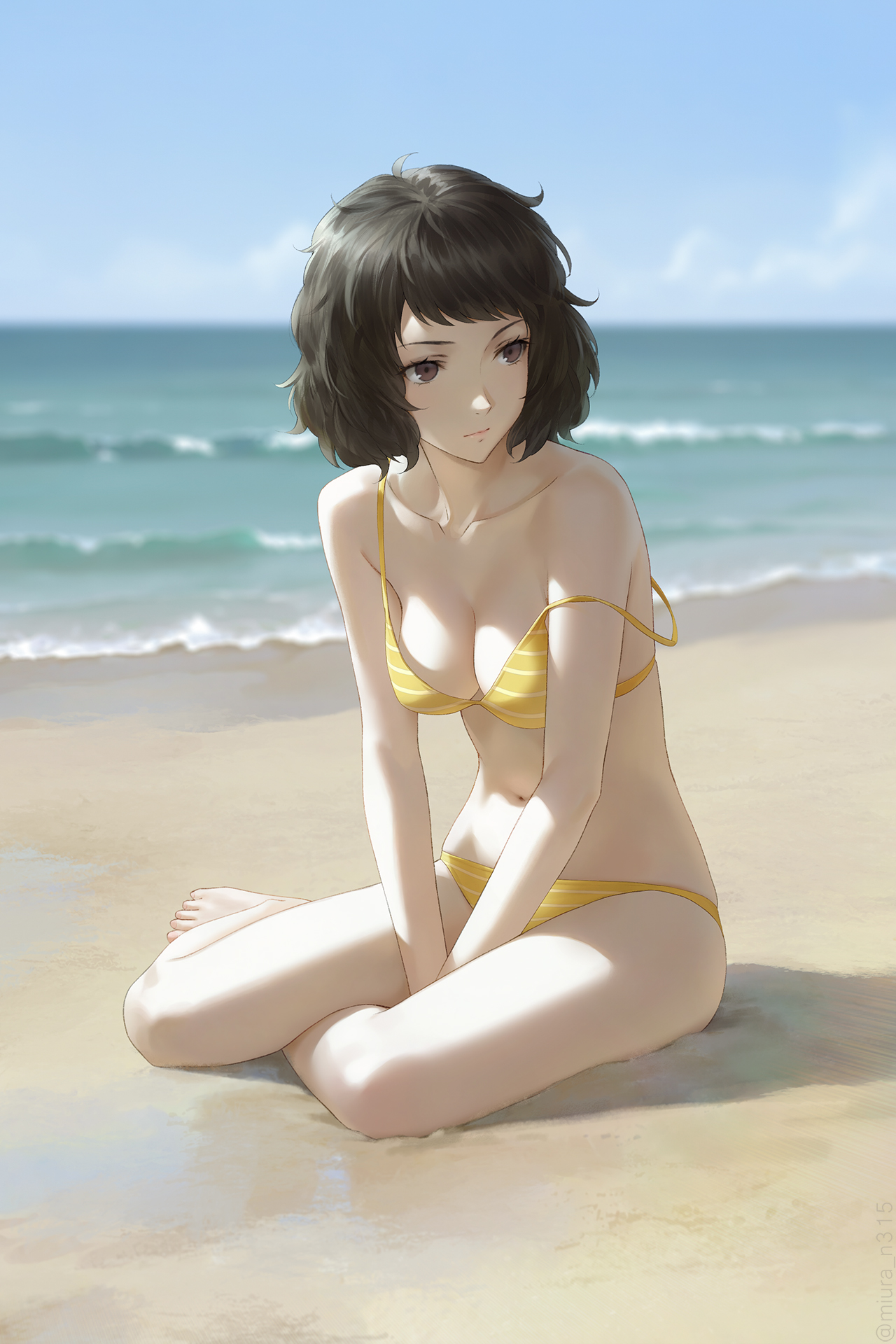 1female, 1girls, beach, belly button, bikini, bikini bottom, bikini top, black eyes, black hair, breasts, collarbone, dark hair female, exposed breasts, eyebrows, eyes, female, female focus, female only, miura-n315, outside, persona, persona 5, sadayo kawakami, short hair, sitting, sky, swimsuit, water, yellow swimsuit