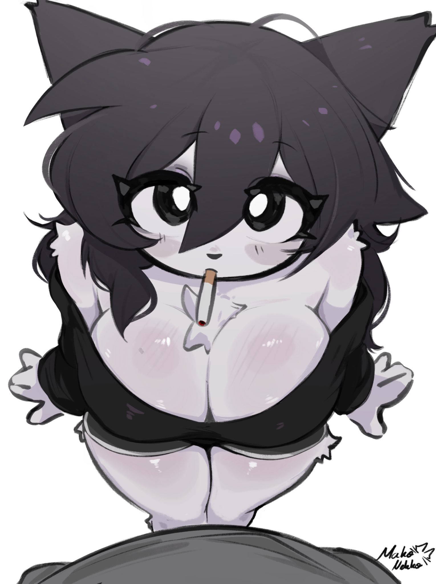 1girls, anthro, breasts, cat ears, cigarette, cigarette in mouth, female, female only, looking at viewer, looking up at viewer, mako (makonekko), makonekko, oc, original character, tagme, thighs