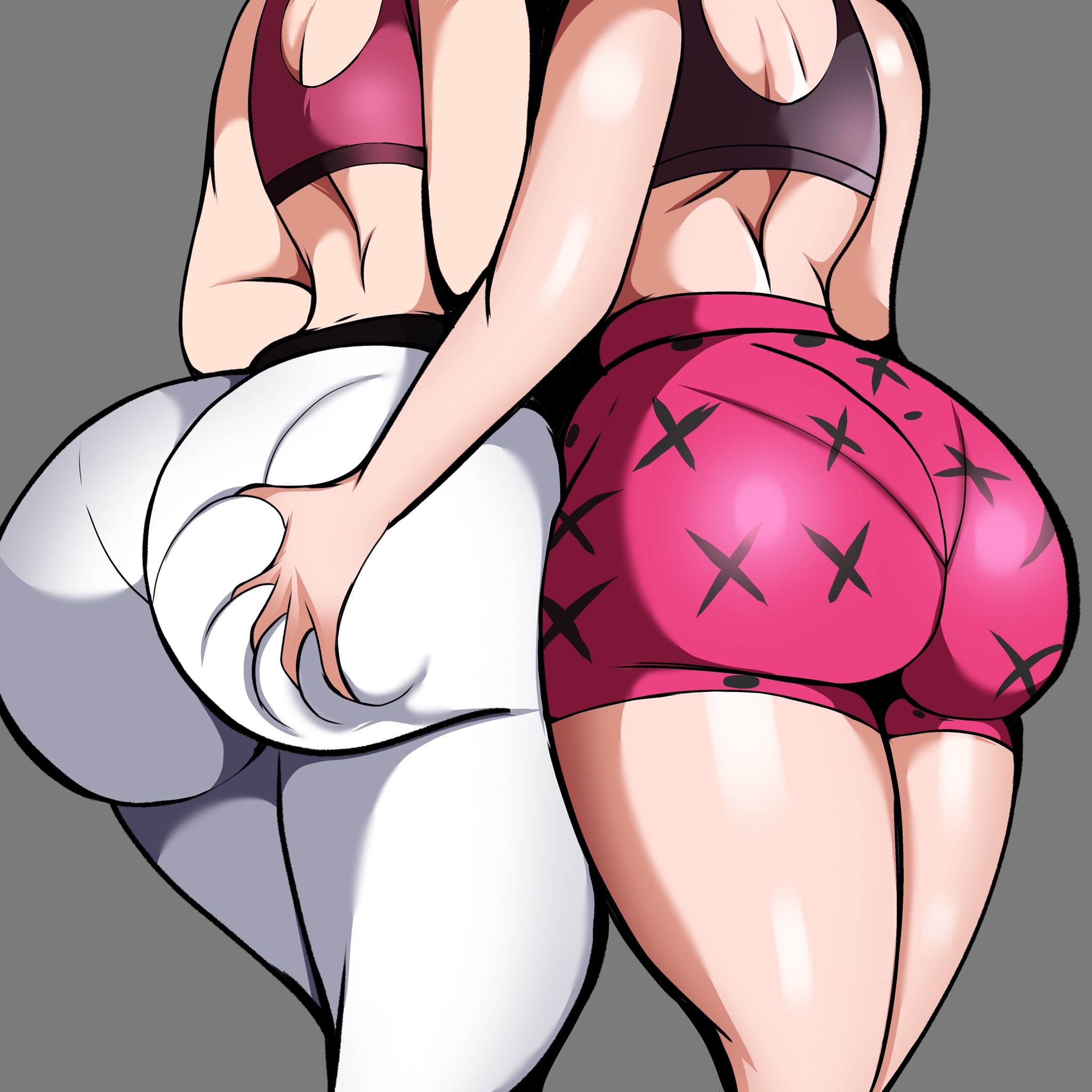 2girls, ass, ass focus, big ass, bottom heavy, bubble butt, clothing, fat ass, female, female only, huge ass, hyperrxgue, large ass, marnie (pokemon), pantylines, pokemon, sabrina (pokemon), thick ass, thick thighs, wide hips, yuri