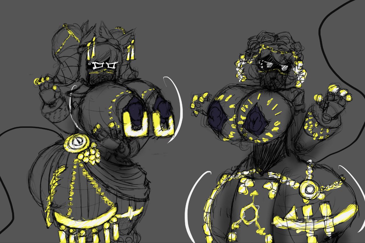 2girls, big breasts, disassembly drone, egyptian, egyptian mythology, female, female only, fordik, j (murder drones), murder drones, nipples, v (murder drones)