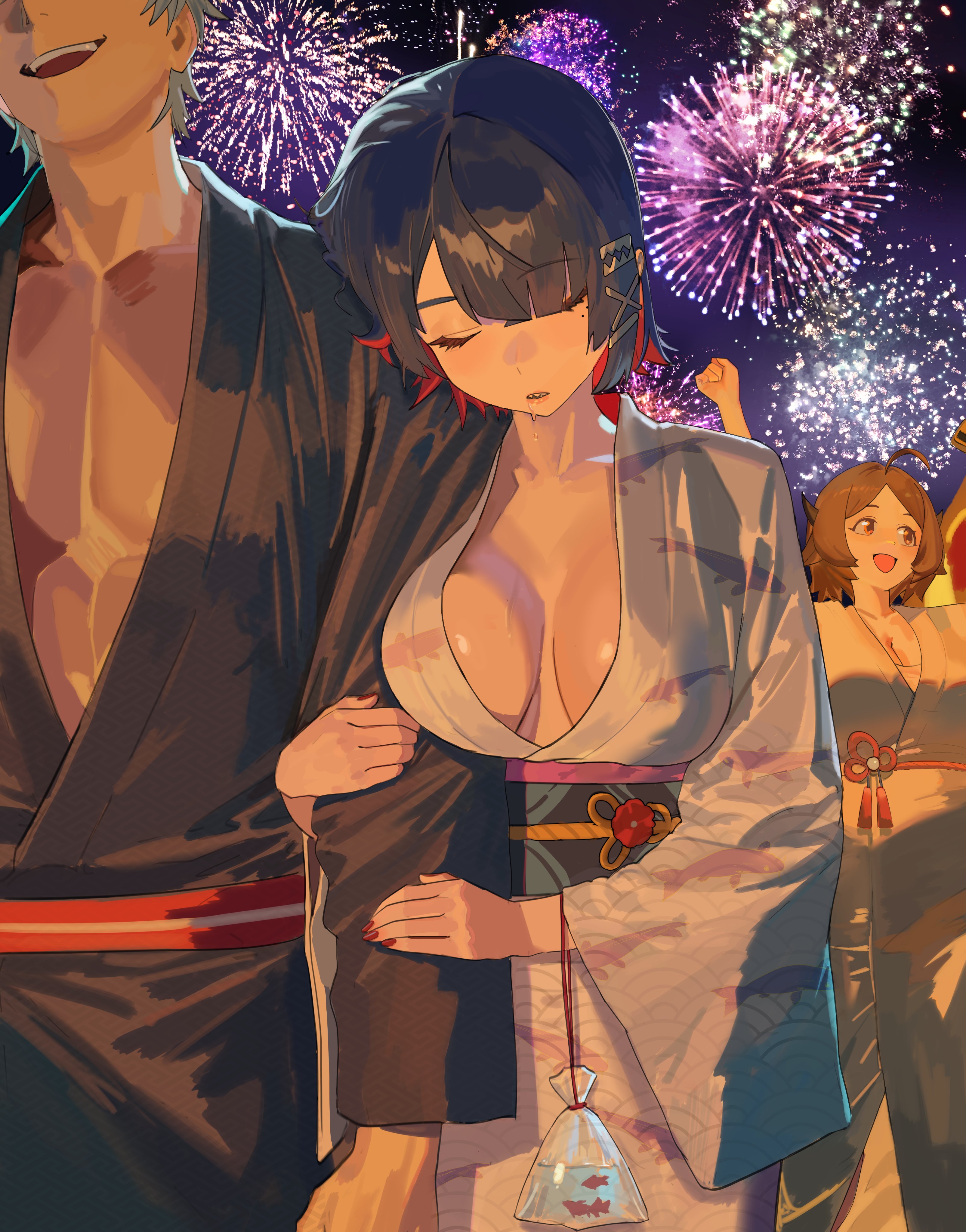 1boy, 1girls, 2d, 2d (artwork), 2d artwork, black hair, breasts, brown hair, cleavage, colored nails, ellen joe, female, fireworks, fish, happy, hintobento, holding arm, light skin, light-skinned female, light-skinned male, male, multicolored hair, multiple girls, painted nails, red hair, resting, resting on partner, sfw, support, water, wise (zenless zone zero), zenless zone zero