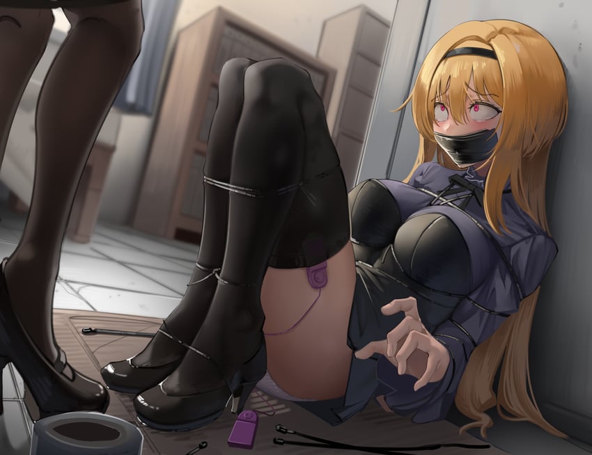 2girls, abducted, blonde hair, bondage, bound, femdom, femsub, harris hero, idolmaster, imminent rape, kidnapped, kidnapping, kurosaki chitose, stockings, tape, tape gag, vibrator