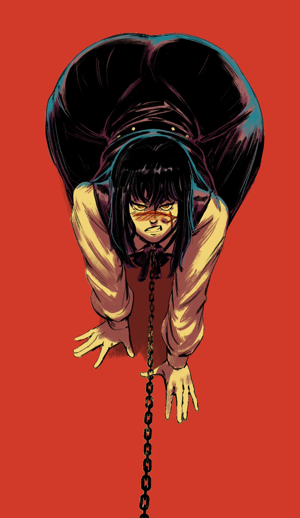 angry, angry face, ass, ass bigger than head, ass body, ass focus, black hair, bottom heavy, chains, chainsaw man, fat ass, fourth east high school uniform, front facing with ass, hips, long hair, massive ass, mitaka asa, redblacktac, scar, school uniform, thick thighs, thighs, white skin, wide hips, yoru (chainsaw man)