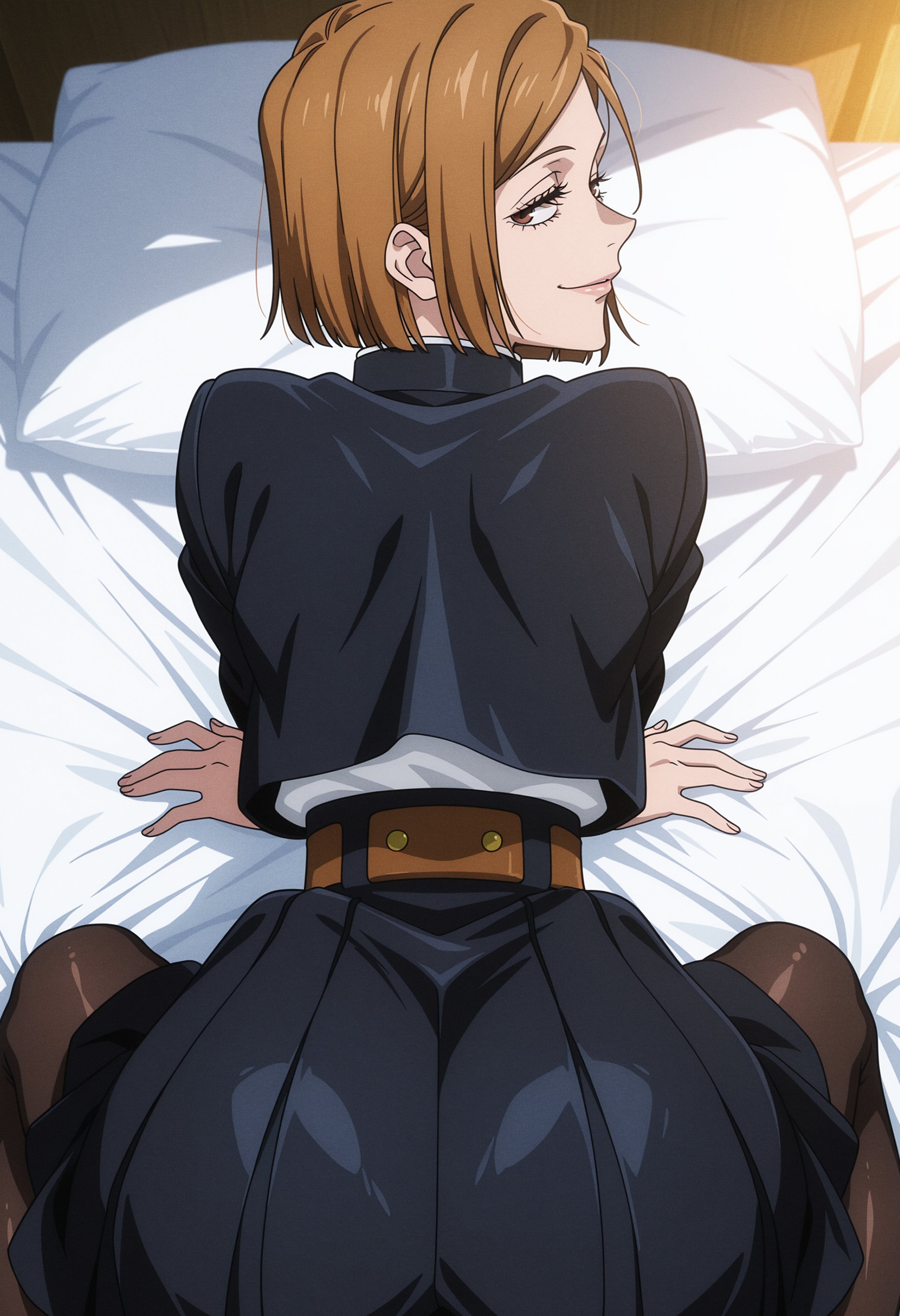 1girls, ai generated, asian, asian female, ass, big ass, big butt, clothed, clothed female, female, female focus, female only, imminent sex, japanese, japanese female, jujutsu kaisen, kawaani main, kugisaki nobara, large ass, large butt, light skin, light-skinned female, looking at viewer, looking back, looking back at viewer, nobara kugisaki, offering, offering to viewer, seductive, seductive eyes, seductive look, seductive smile
