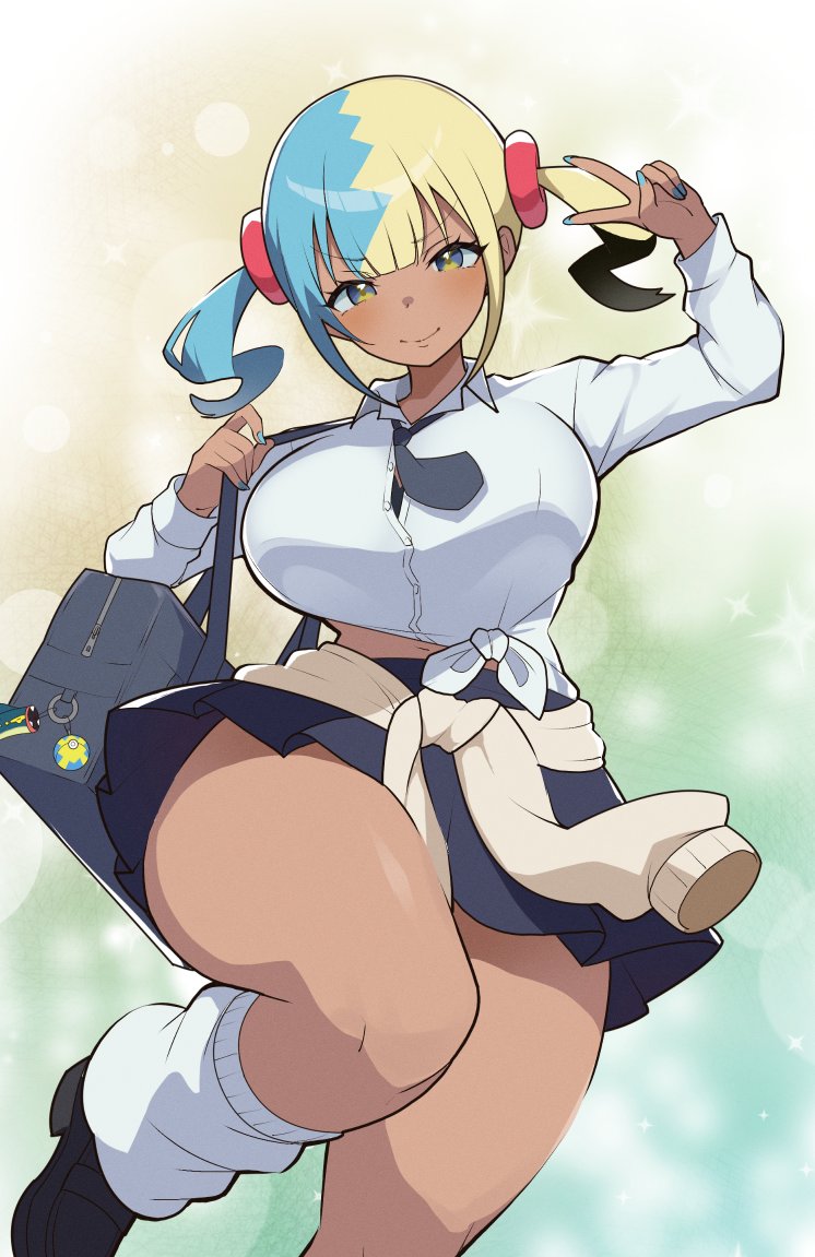 1girls, alternate costume, aqua hair, arm up, bag, black shoes, blonde hair, blue nails, blue skirt, breasts, canari (pokemon), canary (pokemon), commentary request, curvy, dark skin, dark-skinned female, feet out of frame, female, female only, gyaru, hair ornament, large breasts, leg warmers, long sleeves, looking at viewer, midriff peek, mituyota 76, multicolored hair, nail polish, nintendo, pokemon, pokemon legends: z-a, school bag, school uniform, shirt, shoes, short twintails, skirt, smile, solo, split-color hair, thick thighs, thighs, tied shirt, twintails, two-tone hair, v, white leg warmers, white shirt