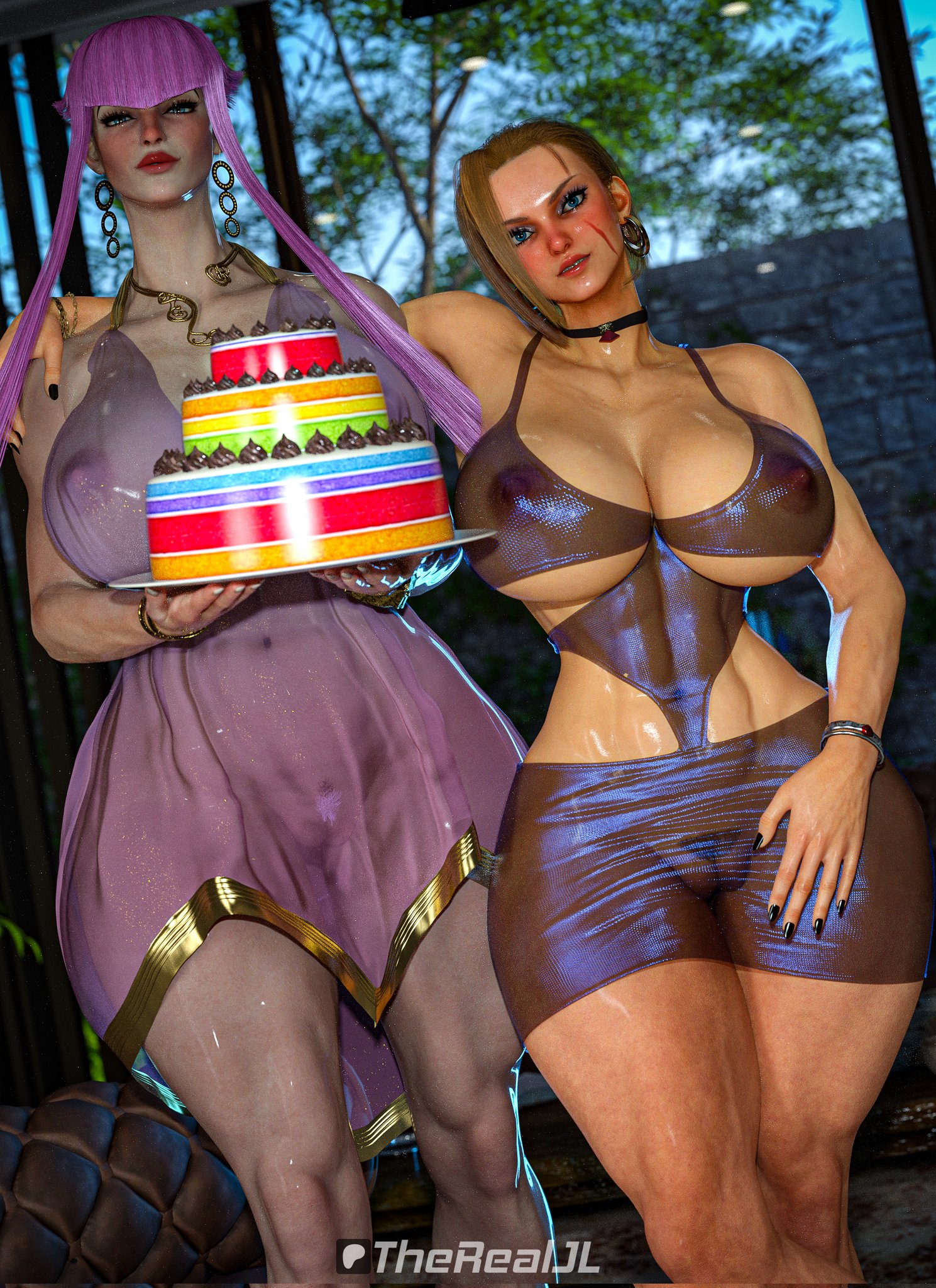 3d, ass, big ass, big breasts, birthday, birthday cake, blonde hair, breasts, british, cammy white, capcom, choker, female, female only, french, french female, highres, manon legrand, pink hair, pose, posing, short hair, solo, street fighter, street fighter 6, therealjl, thick thighs, voluptuous, voluptuous female