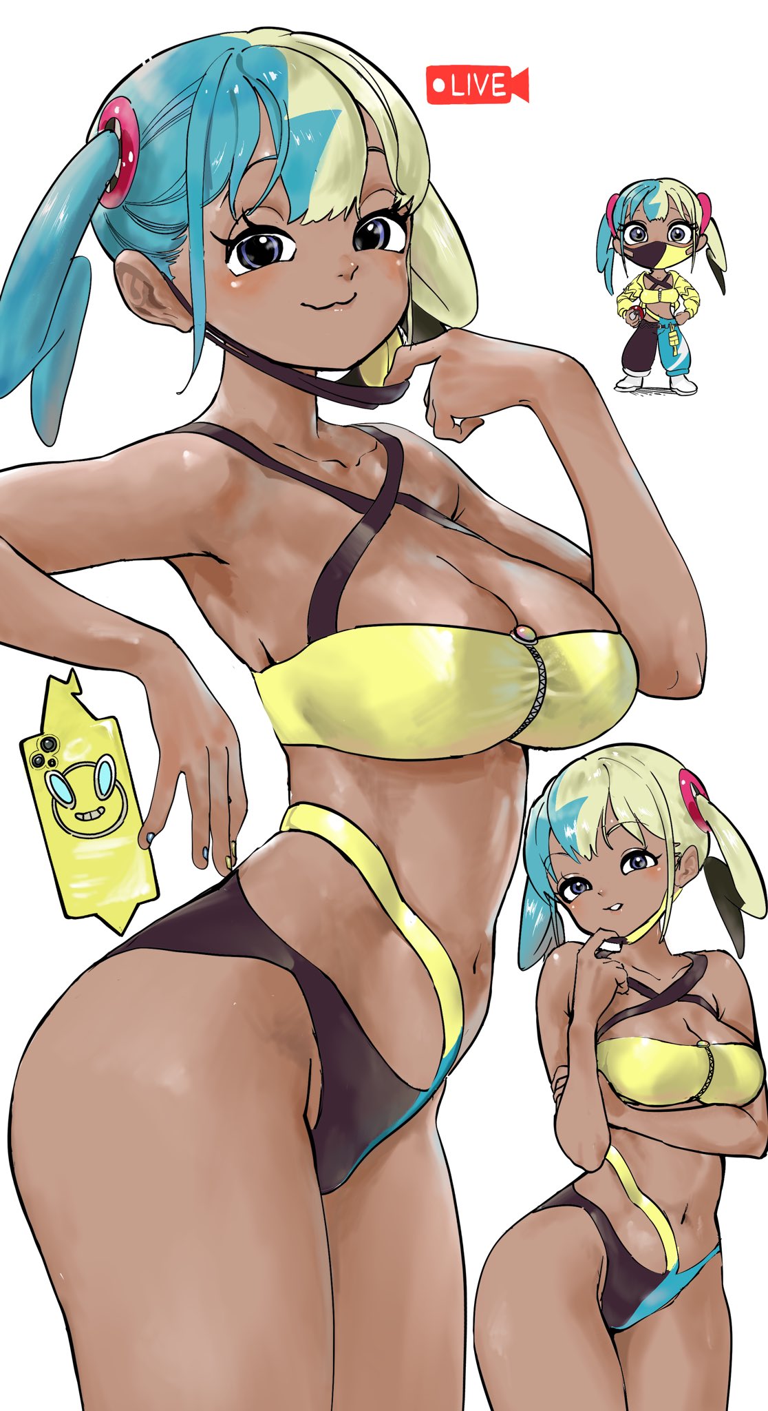 1girls, bikini, blue nails, breasts, brown skin, canari (pokemon), canary (pokemon), cleavage, dark skin, dark-skinned female, face mask, female, female only, hair ornament, livestream, nail polish, nintendo, pokemon, pokemon legends: z-a, recording, sukoyaka tsukasa, swimsuit, two-tone hair, white background, yellow nails