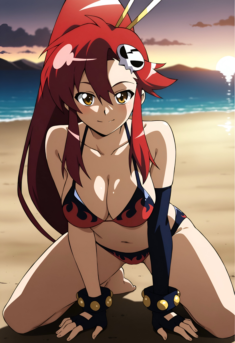 1girls, ai generated, bikini, clothed, clothed female, duderu vanilla, female, female only, flame print, red hair, solo, swimsuit, tengen toppa gurren lagann, yoko littner