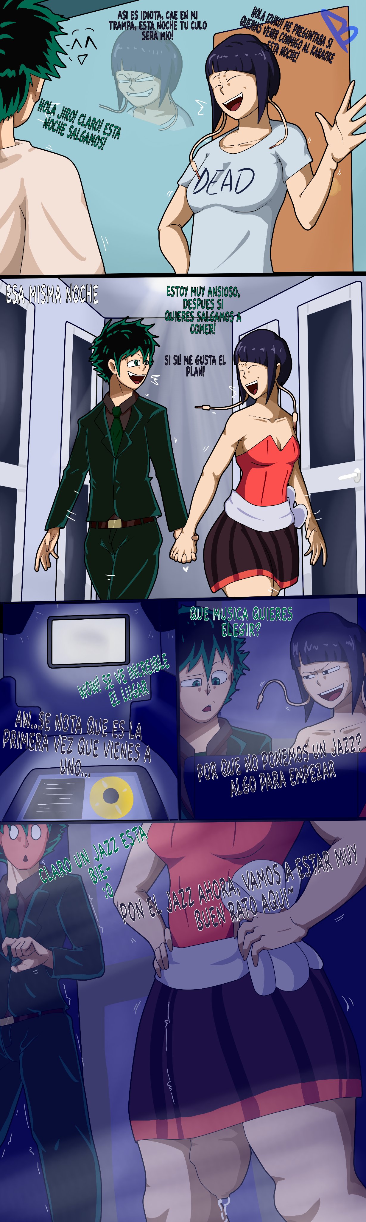 1boy, 1futa, alternate version available, big penis, blush, breasts, clothing, comic, comic page, date, dress, futa with male, futanari, green eyes, green hair, huge cock, imminent sex, izuku midoriya, jirou kyouka, kyoka jiro, male, my hero academia, penis, precum, purple hair, red and blu, revenge, short hair, skirt, small breasts, spanish text, suit, suit and tie, thick, thick thighs