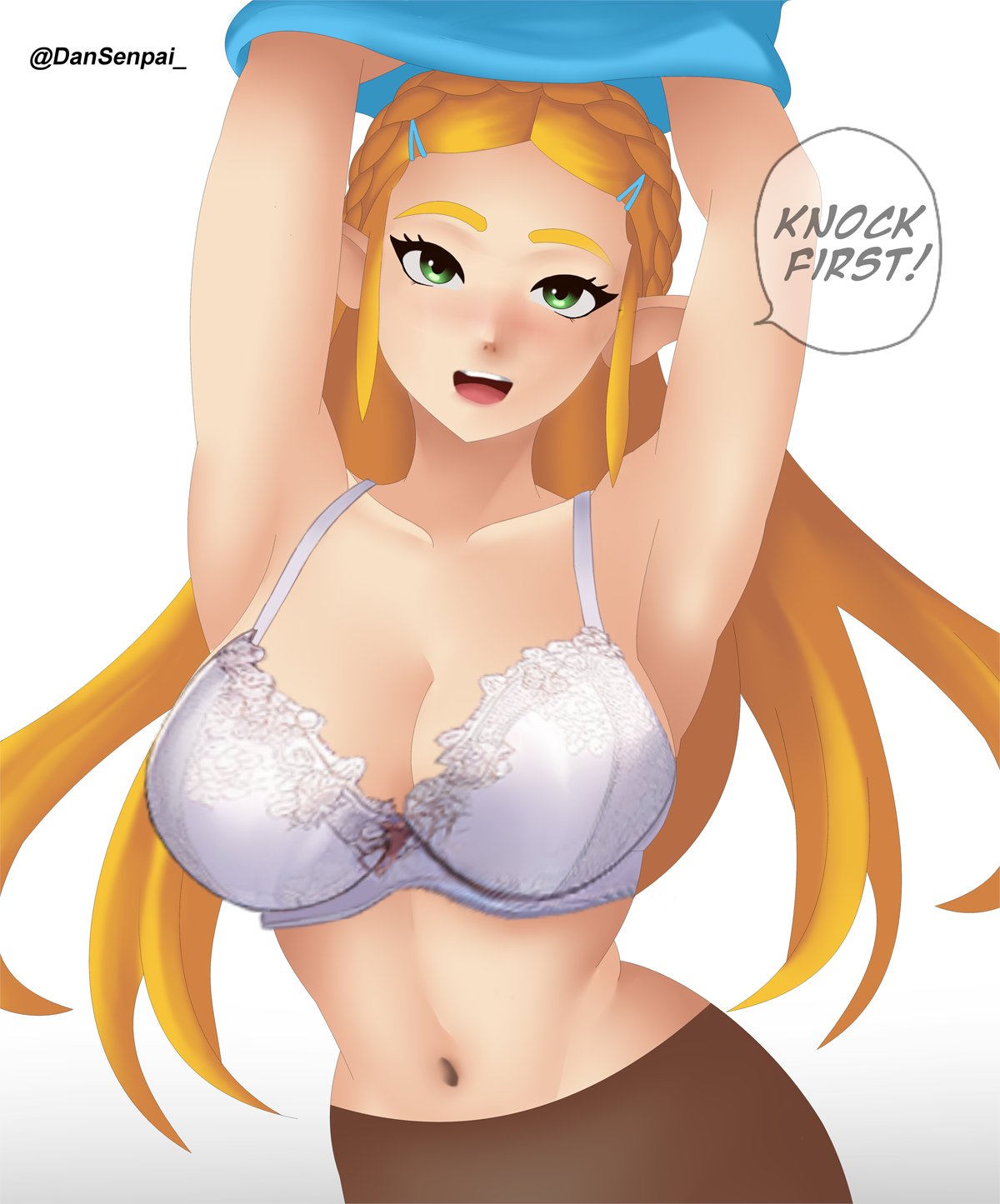 1girls, armpits, arms up, blonde female, blonde hair, bra, breath of the wild, dansenpai, green eyes, nidavellirstudios, nintendo, princess zelda, solo, solo female, the legend of zelda, undressing, zelda (breath of the wild)