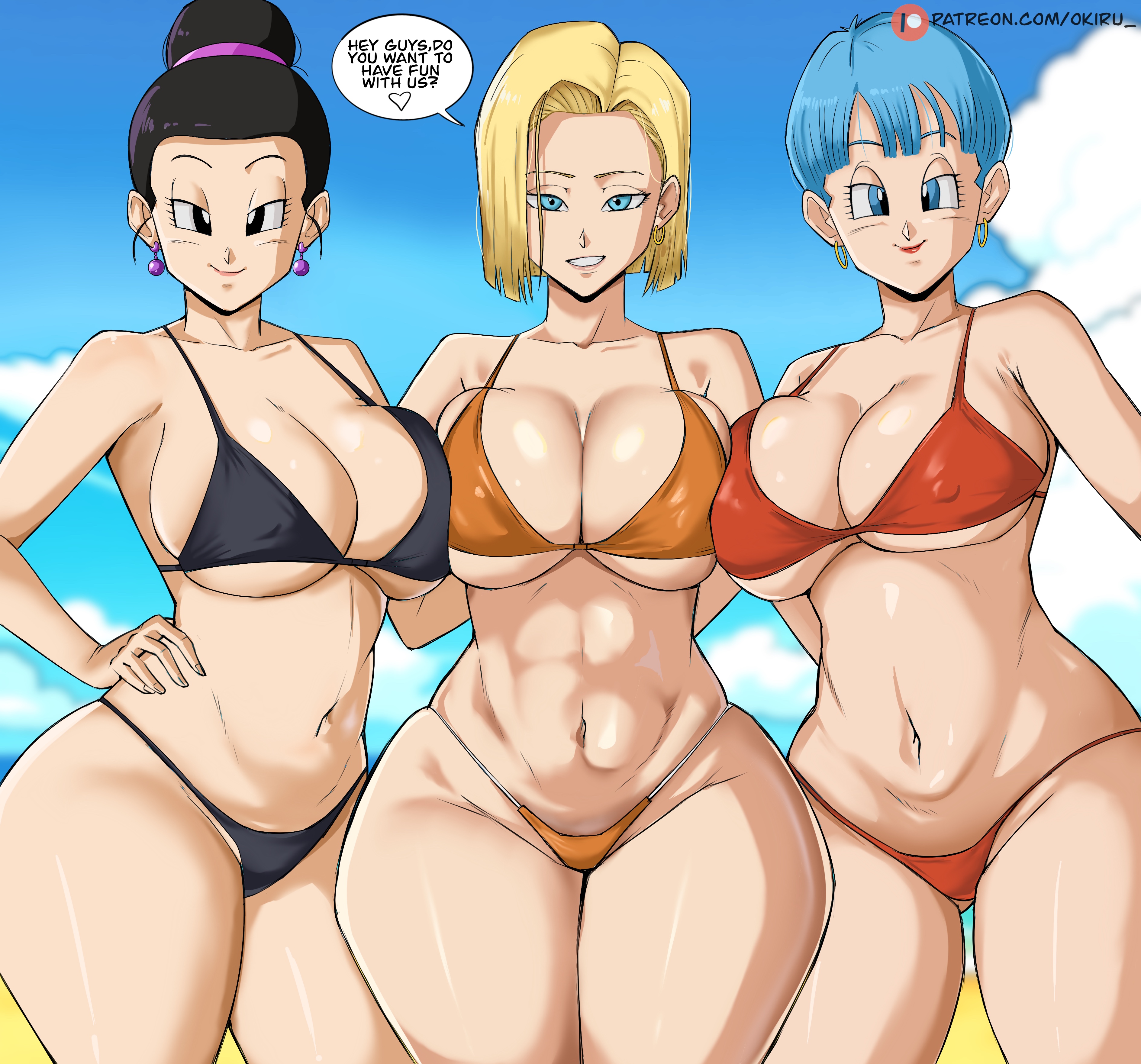 2d, 3girls, absurd res, android 18, ass, beach, big breasts, bikini, black eyes, black hair, blonde hair, blue eyes, blue hair, breasts, bulma, bulma (dragon ball), bulma briefs, chichi, chichi (dragon ball), chichi (majin buu saga), cleavage, dragon ball, dragon ball z, earrings, english text, female, female only, hair bun, hi res, huge breasts, inviting, inviting to sex, large breasts, light skin, light-skinned female, looking at viewer, mature female, milf, multiple females, multiple girls, offscreen male, panarandom, red lips, short hair, smile, swimsuit, text, thick thighs, thighs, thighs bigger than head, wide hips