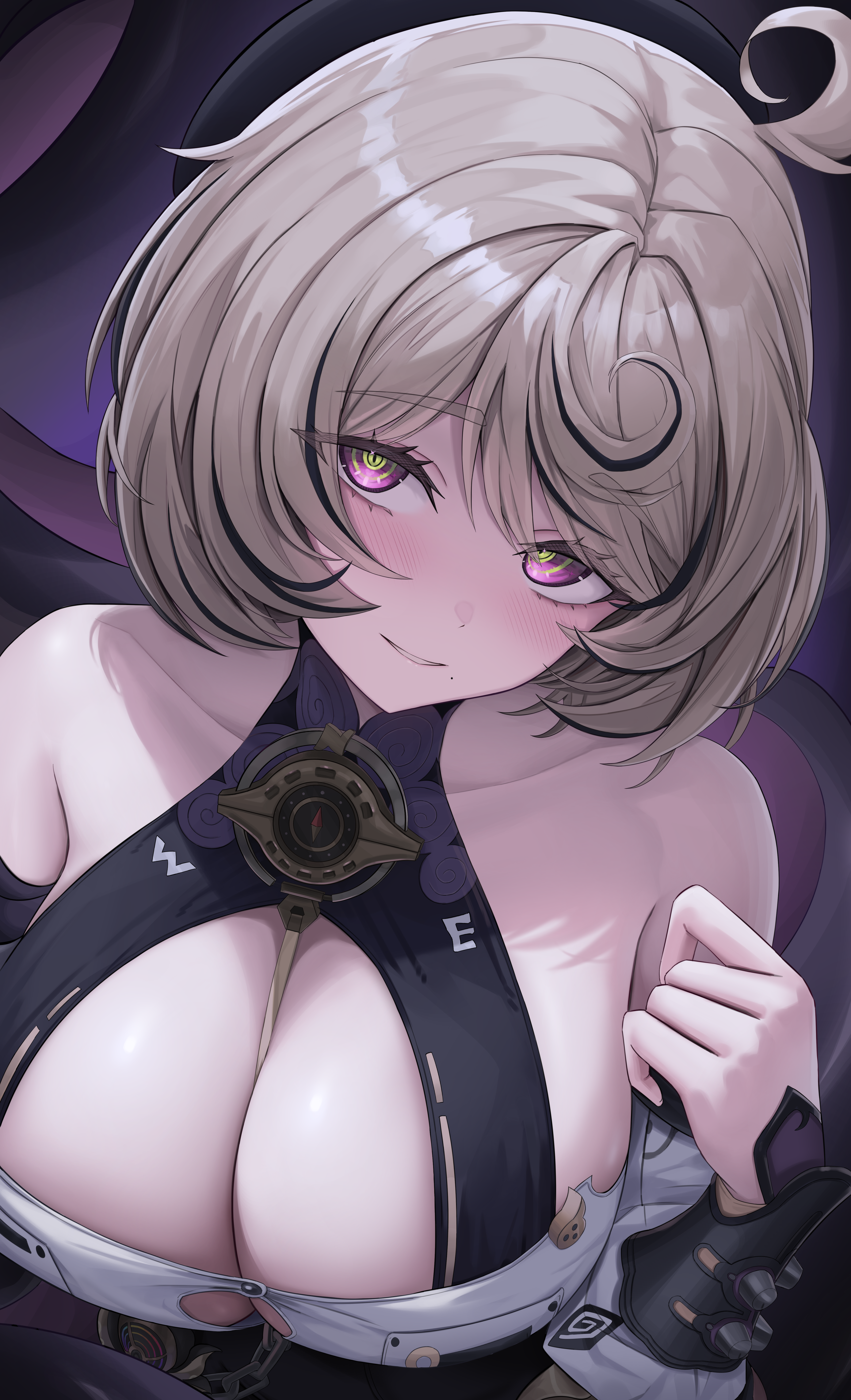 1girls, 4mmmmu, absurdres, bare shoulders, black hat, blonde hair, blush, breasts, commentary request, female, female only, hat, highres, large breasts, looking at viewer, parted lips, purple eyes, ringed eyes, shirt, short hair, smile, solo, tentacle, tentacle girl, white shirt, yidhari murphy, zenless zone zero