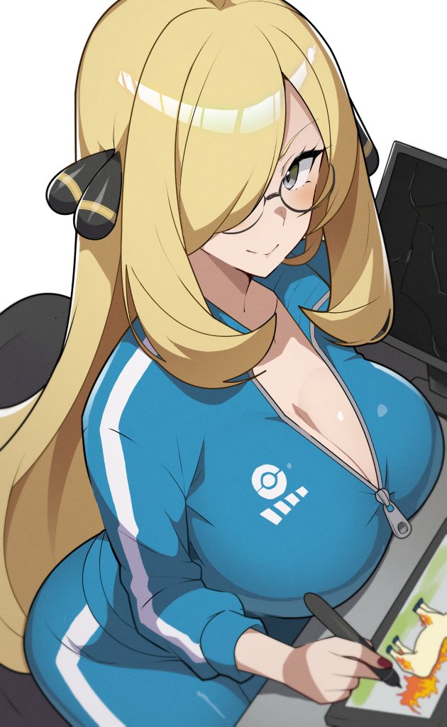 1girls, alternate costume, big breasts, breasts, cleavage, cynthia (pokemon), female, female only, glasses, large breasts, mituyota 76, nintendo, pokemon, pokemon dppt