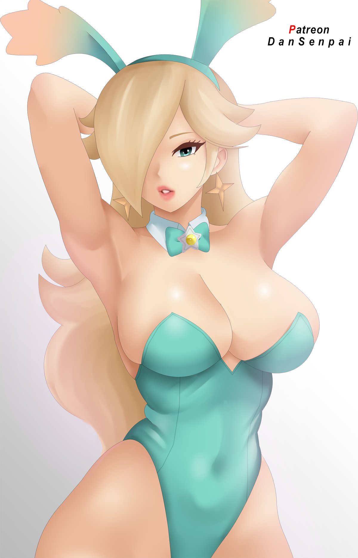 1girls, big breasts, blonde female, blonde hair, bunny ears, bunnysuit, dansenpai, nidavellirstudios, nintendo, princess rosalina, solo, solo female, super mario galaxy