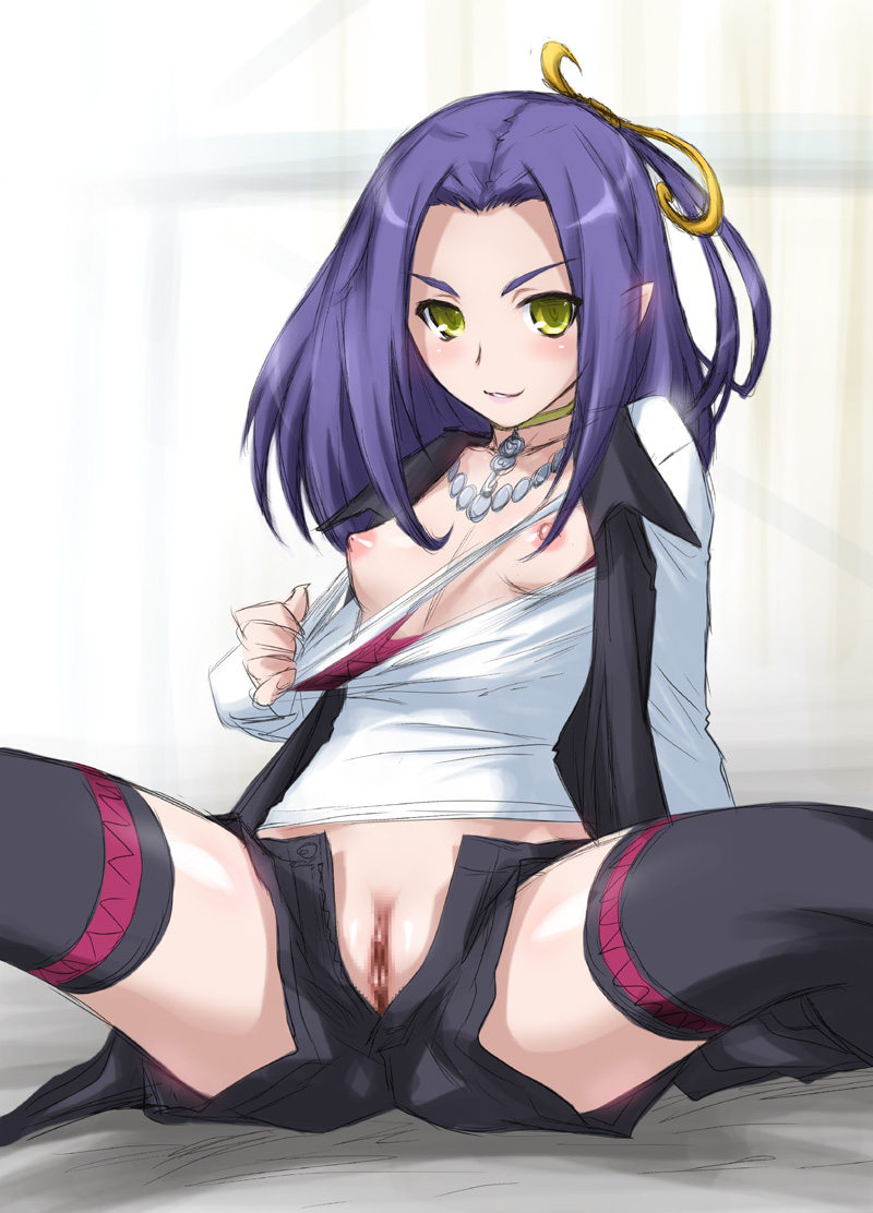 black_thighhighs blush breasts censored clothing female joy_ride kurokawa_ellen long_hair nipples no_panties open_clothes open_fly open_mouth open_shorts pointy_ears precure pretty_cure puffy_nipples purple_hair pussy shorts siren_(suite_precure) sitting small_breasts solo spread_legs stockings suite_precure thighhighs torn_clothes vest