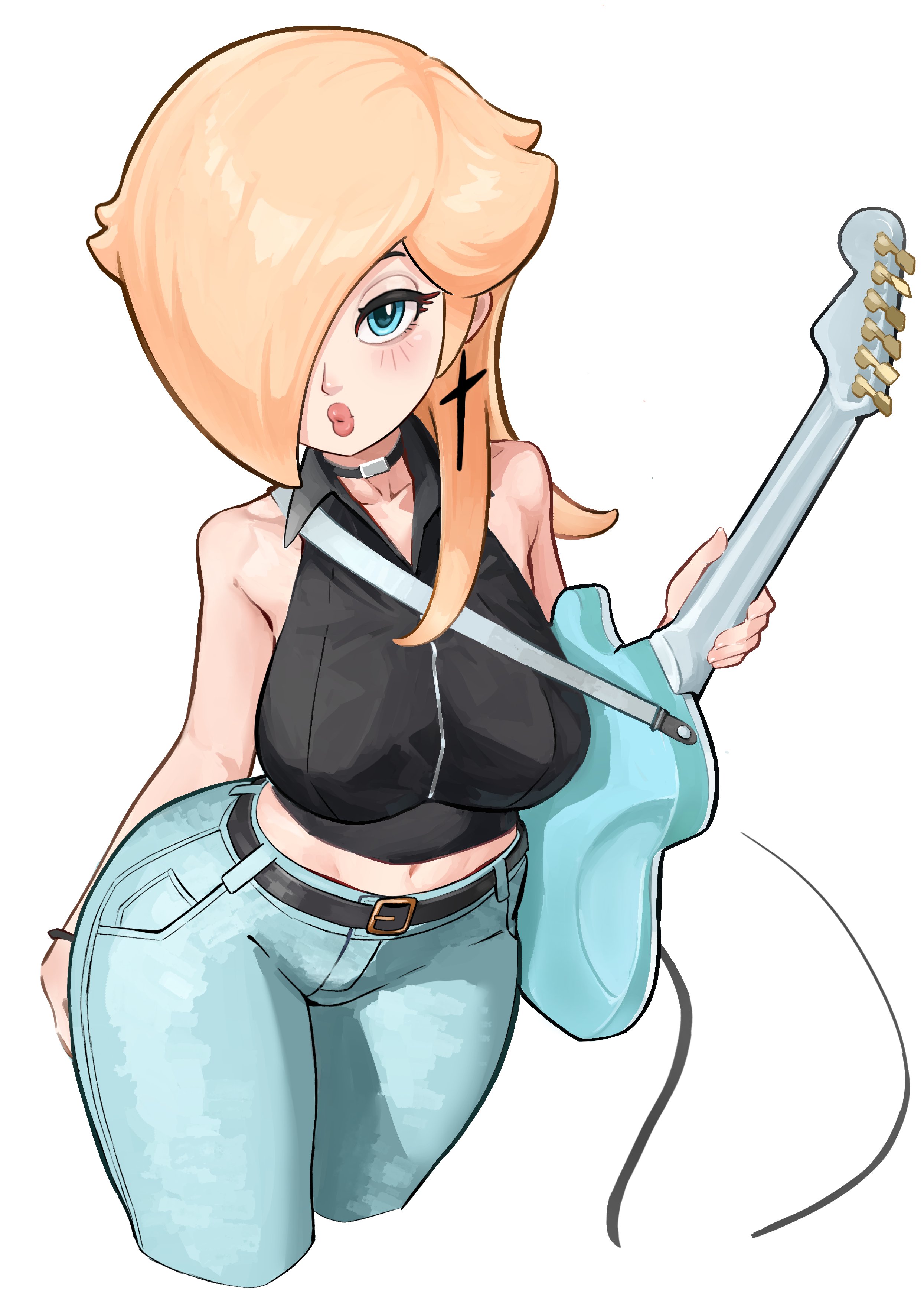 1girls, absurdres, alternate breast size (larger), bare shoulders, belt, black belt, blonde hair, blue eyes, blush, breasts, choker, commentary, crop top, cropped legs, denim, earrings, electric guitar, english commentary, female, guitar, hair over one eye, half-closed eyes, highres, holding, holding guitar, holding instrument, instrument, jeans, jewelry, lips, long hair, mario (series), midriff, mineru128127, nintendo, pants, princess rosalina, rosalina, sleeveless, solo, star (symbol), star earrings, super mario odyssey