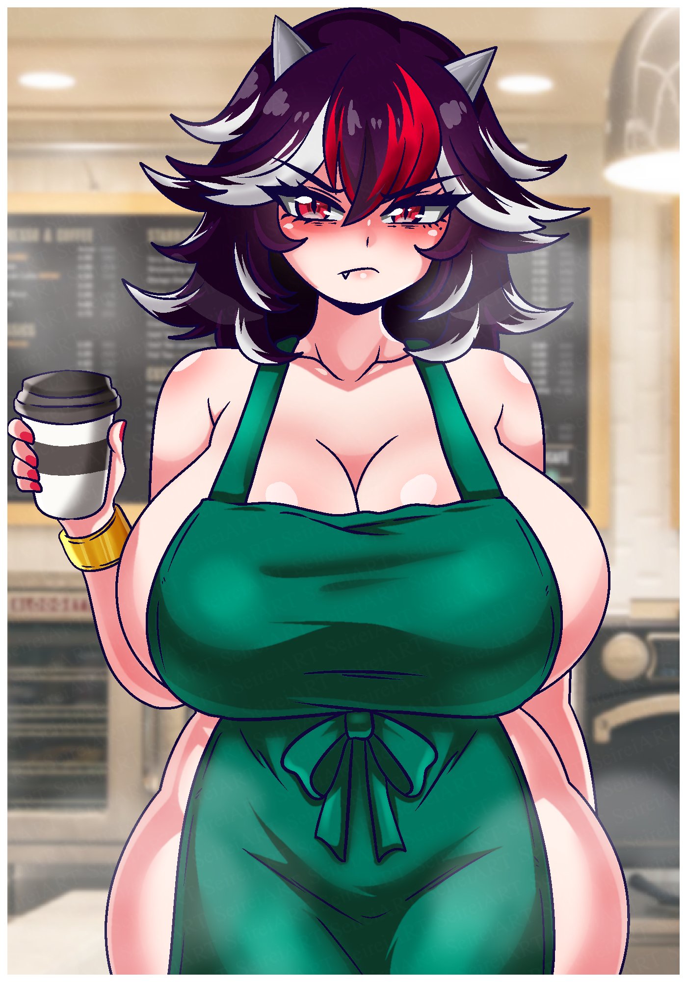1girls, apron, apron only, big breasts, black hair, breasts, female, female only, horns, huge breasts, iced latte with breast milk, light skin, light-skinned female, multicolored hair, naked apron, seija kijin, seireiart, touhou