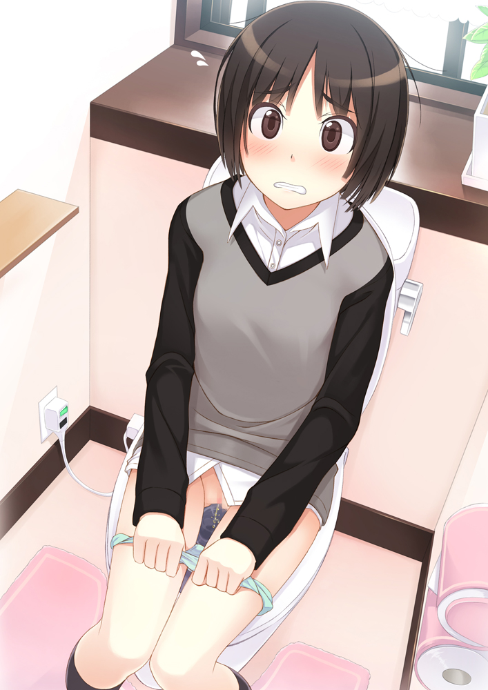 amagami bathroom black_hair blush bottomless censored clenched_teeth embarrassed gin panties panty_pull peeing pussy short_hair tachibana_miya toilet toilet_use underwear