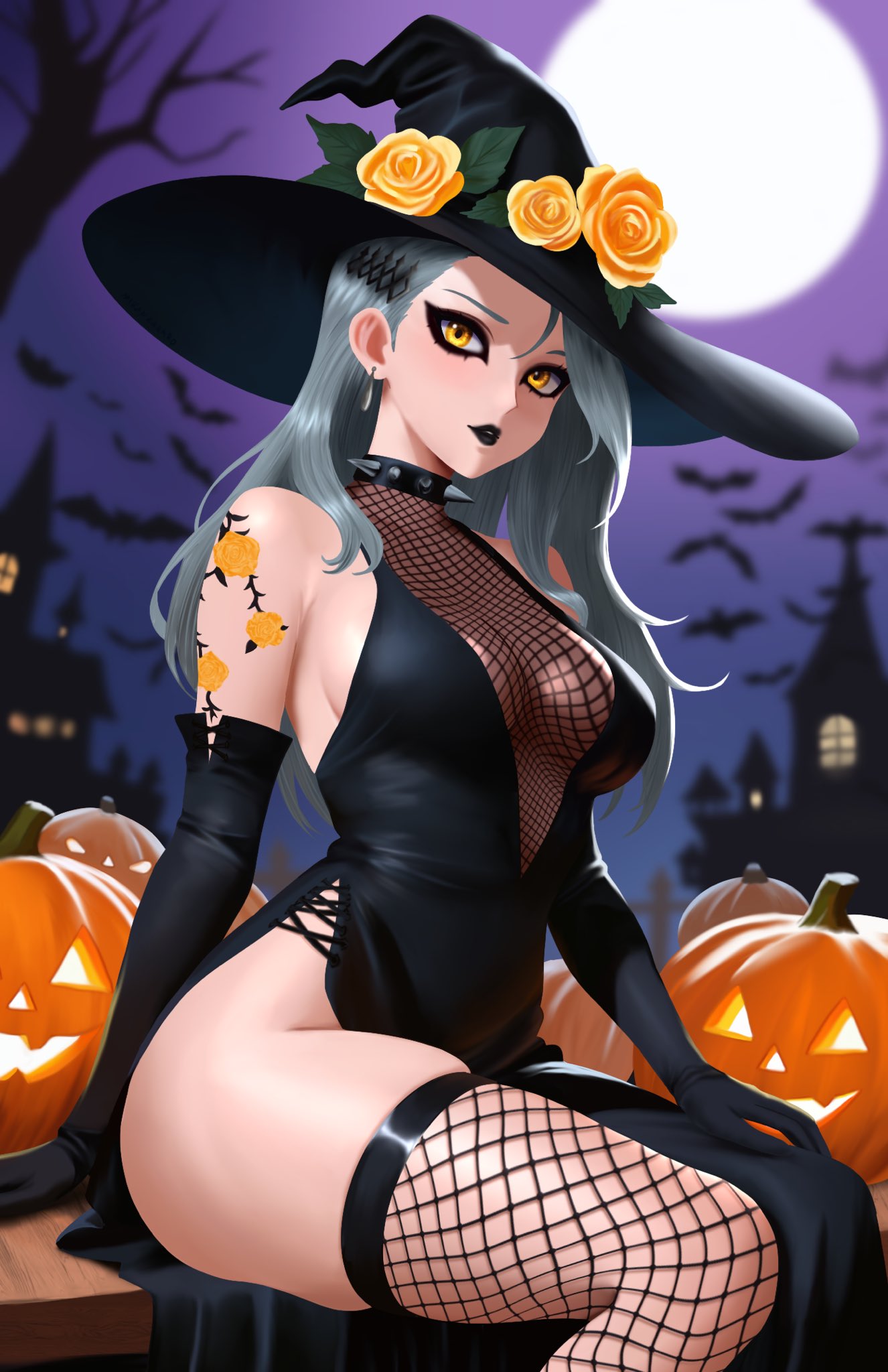 1girls, armwear, atlus, big breasts, black dress, black eyelashes, black gloves, black lips, black lipstick, breasts, cleavage, clothing, collar, dress, ear piercing, earrings, eyelashes, female, female only, fishnet, fishnet legwear, fishnets, gloves, grey hair, halloween, halloween decoration, halloween theme, hat, headwear, legwear, lips, lipstick, long hair, mature, mature female, mature woman, mikan zakuro, neckwear, persona, persona 5, pumpkin, sae niijima, shadow sae, side slit, solo, solo female, spiked collar, thighs, witch hat, yellow eyes