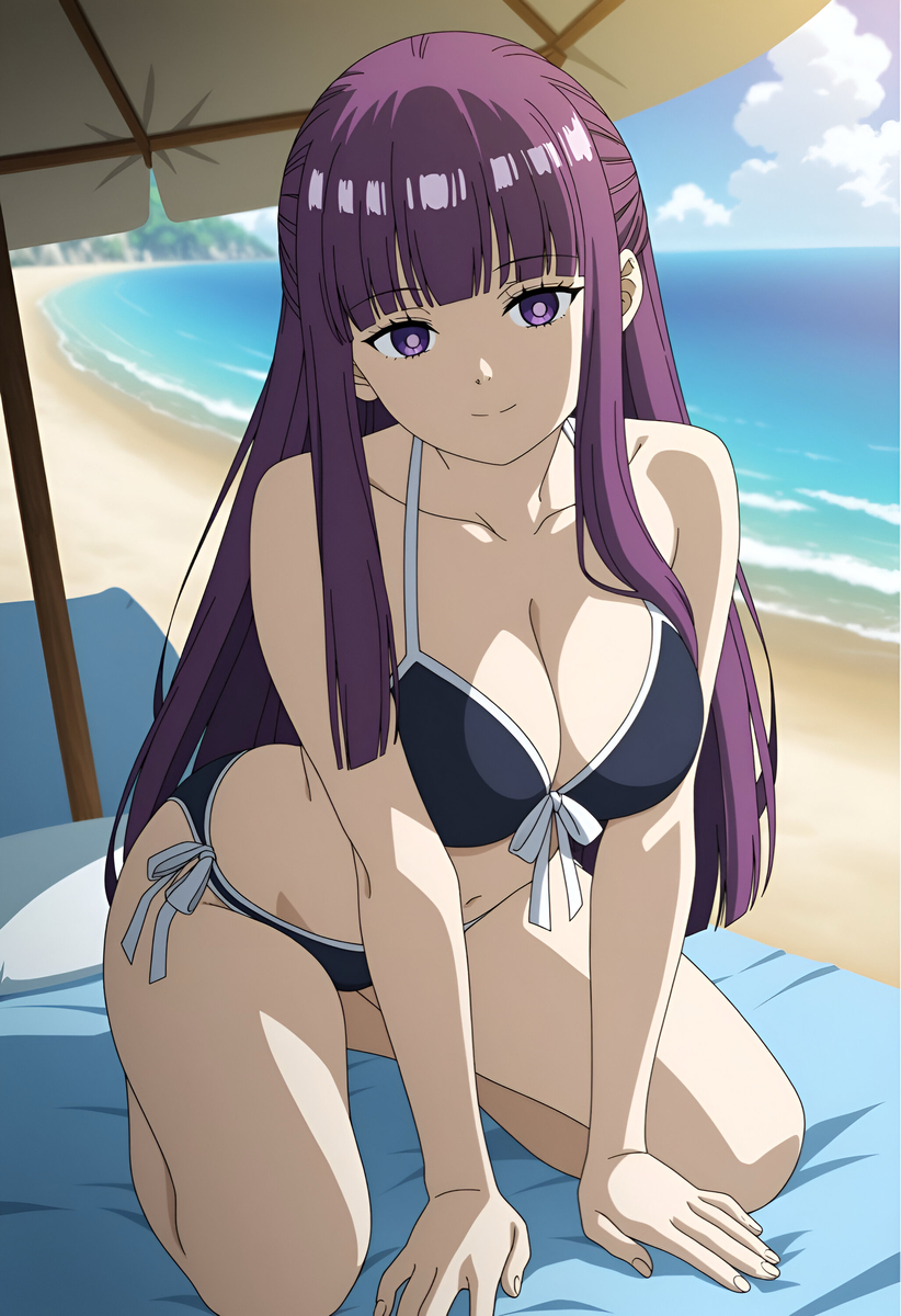 1girls, ai generated, bikini, blue bikini, clothed, clothed female, duderu vanilla, female, female only, fern (sousou no frieren), frieren beyond journey's end, kneeling, purple eyes, purple hair, solo, swimsuit