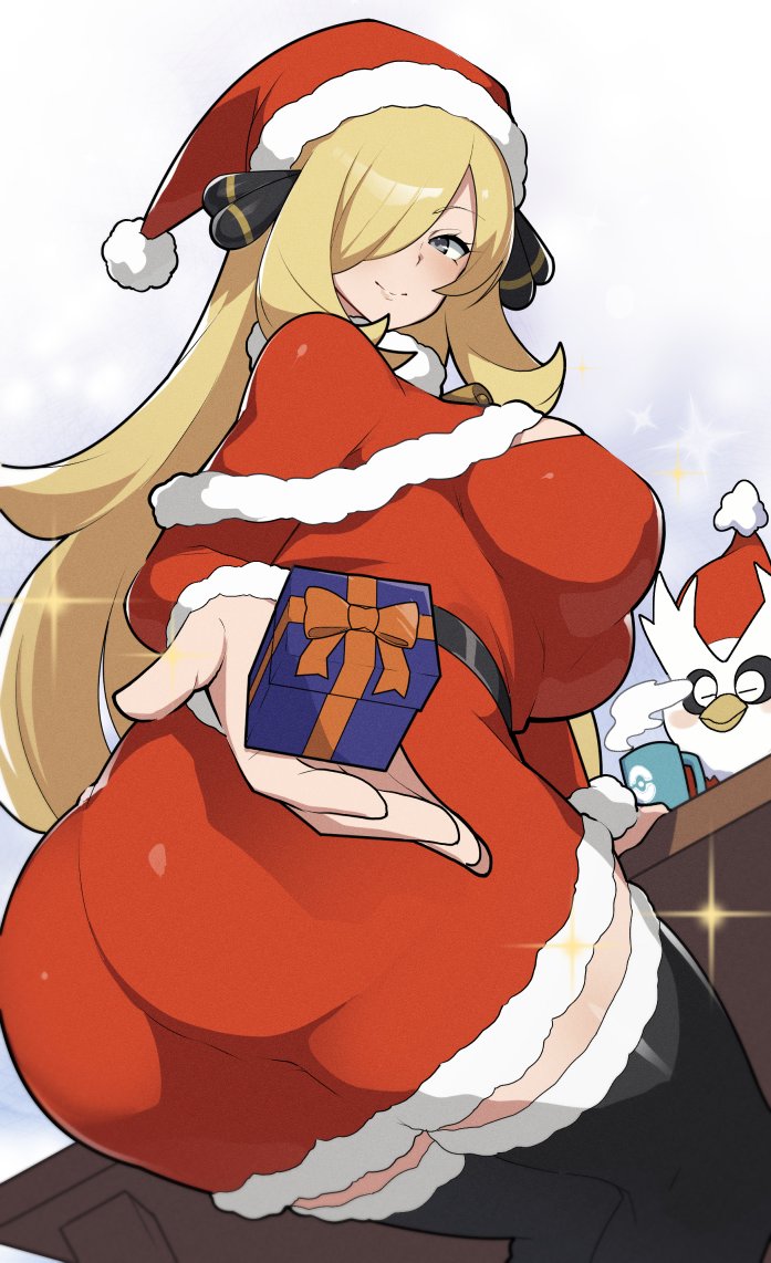 1girls, ass, blonde hair, breasts, capelet, christmas, closed mouth, commentary request, cynthia (pokemon), delibird, dress, female, female only, fur collar, fur trim, fur-trimmed capelet, fur-trimmed dress, game freak, gen 2 pokemon, gift, grey eyes, hair ornament, hair over one eye, hat, holding, holding gift, large breasts, long hair, long sleeves, mituyota 76, nintendo, pokemon, pokemon (creature), pokemon dppt, red dress, santa costume, santa dress, santa hat, smile, solo focus, very long hair