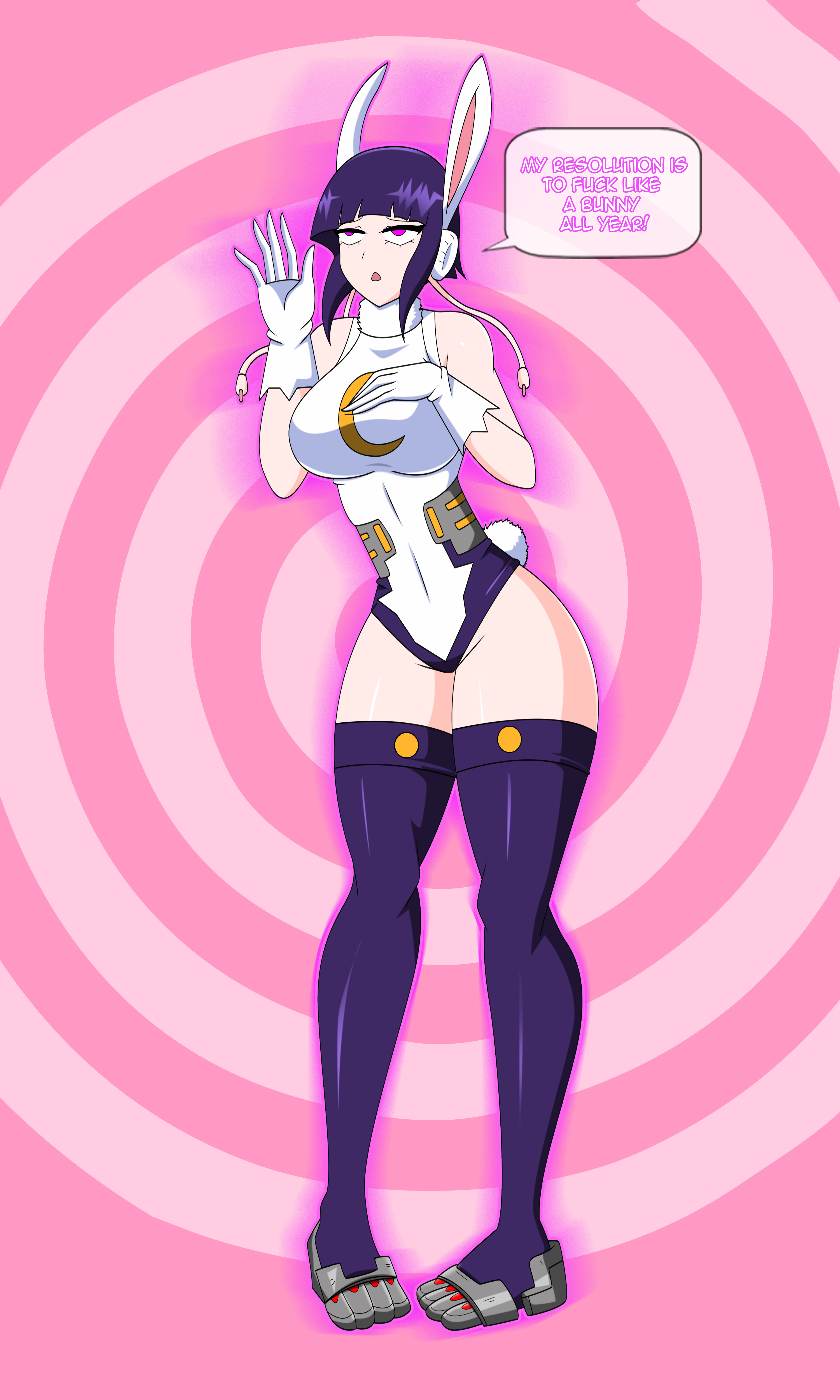 1girls, 3:5, alternate costume, big breasts, black hair, boku no hero academia, boots, breasts, bunny ears, bunny girl, bunnysuit, cosplay, dlobo777, expressionless, female, female only, femsub, gloves, glowing eyes, hypnosis, kyoka jiro, large breasts, large hips, legs, mind control, miruko (cosplay), my hero academia, new years, pink eyes, purple hair, rumi usagiyama, short hair, solo, source request, spiral, tech control, text, thick thighs, thighhighs, thighs