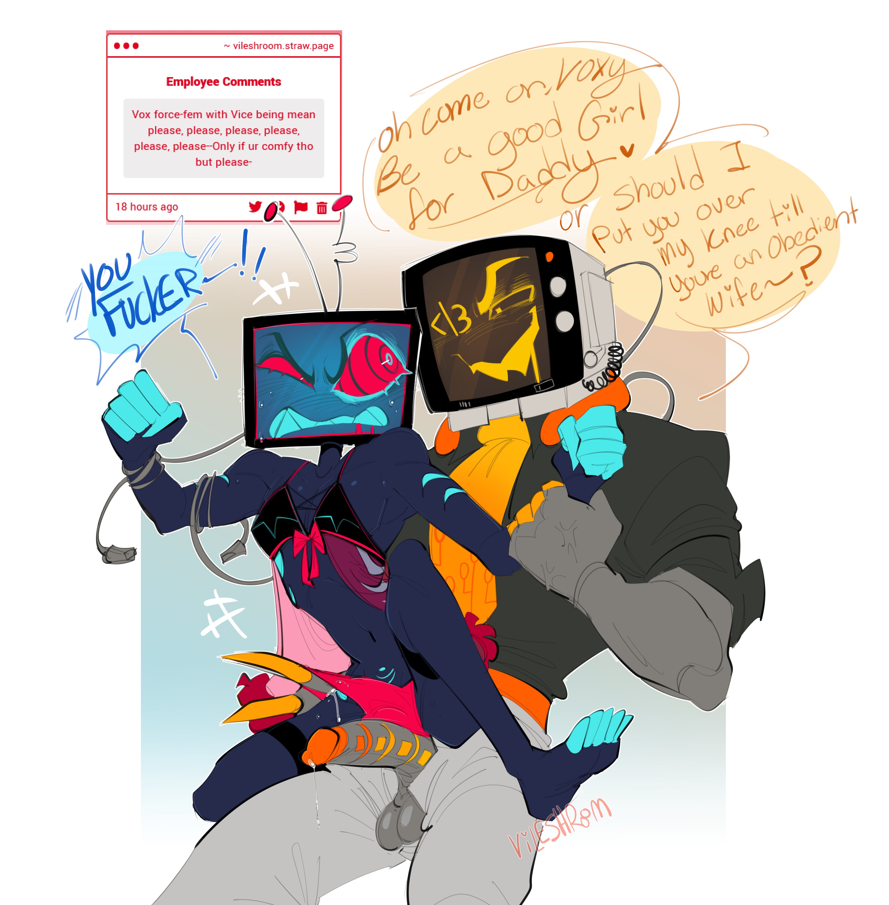 2boys, big dom small sub, big penis, bileshroom, bra, bulge, dominant, dominant male, dubious consent, feminine male, feminization, gay, gay male, hazbin hotel, imminent sex, lingerie, maledom, malesub, medium penis, panties, penis, penis out, penis size difference, questionable consent, size difference, size play, submission, submissive, submissive male, vice (bileshroom), vox (hazbin hotel), yaoi