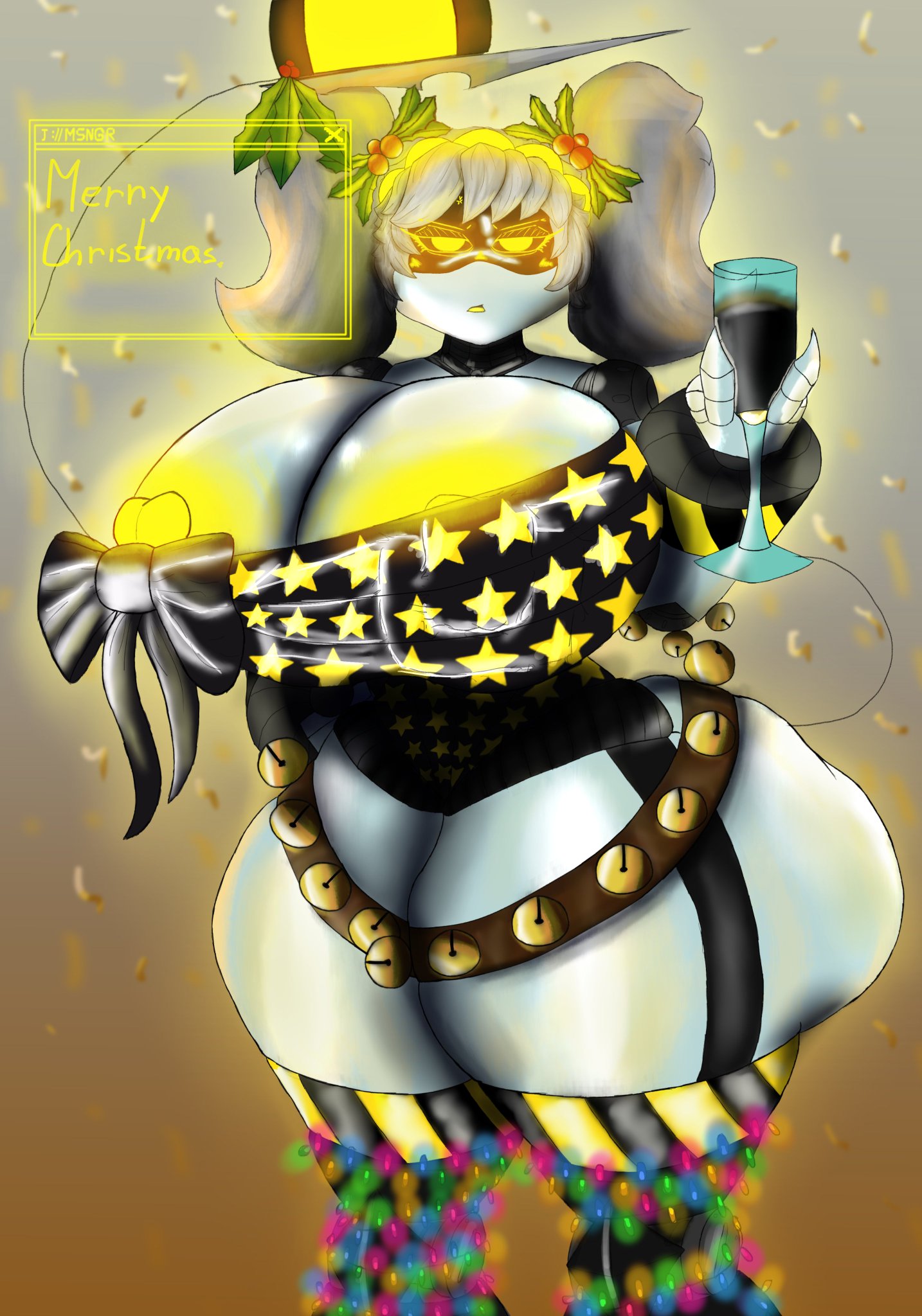 big ass, big breasts, christmas, female, female only, fordik, j (murder drones), murder drones, wine glass