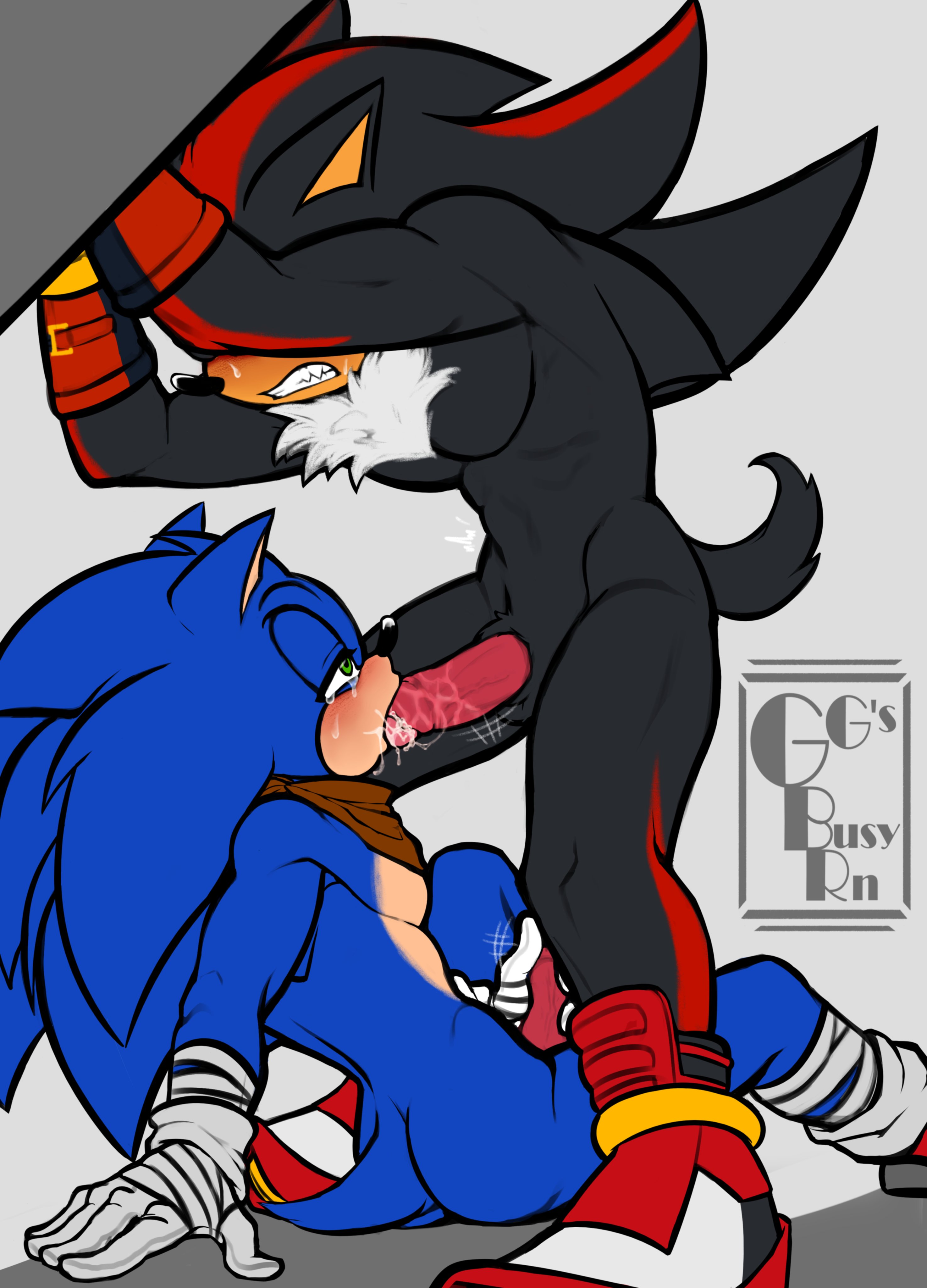absurd res, anthro, balls, black body, black fur, blue body, blue fur, blush, bodily fluids, clenched teeth, clothing, cum, cum from mouth, cum in mouth, cum inside, cum on tongue, cumshot, digital media (artwork), duo, ejaculation, erection, eulipotyphlan, fellatio, footwear, fur, genital fluids, genitals, ggs busyrn, gloves, hair, hand on penis, handwear, hedgehog, hi res, humanoid genitalia, humanoid penis, male, male penetrated, male penetrating, male/male, mammal, masturbating while penetrated, masturbation, narrowed eyes, open mouth, oral, oral penetration, orgasm, orgasm face, penetration, penile, penile masturbation, penile penetration, penis, sega, sex, shadow (boom), shadow the hedgehog, shallow penetration, simple background, sitting, sonadow, sonic (boom), sonic (series), sonic boom, sonic the hedgehog, sonic the hedgehog (series), standing, tail, teeth, tongue, tongue out, yaoi