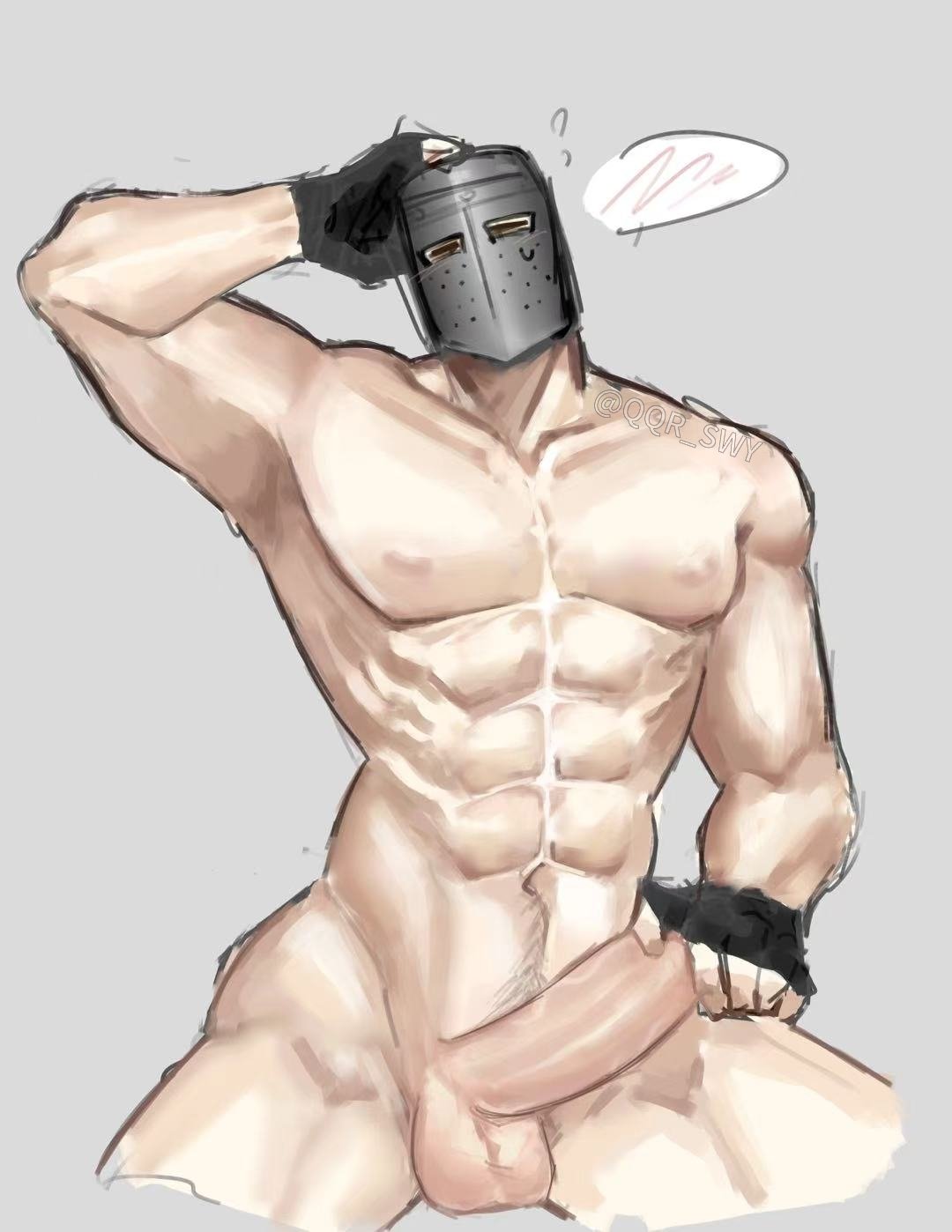 1boy, balls, bara, block (die of death), blush, civilian (die of death), crusader, die of death (roblox), fingerless gloves, gay, gloves, helmet, knight, knight helmet, male, male only, muscular, penis, qqr swy, roblox, roblox game, robloxian, solo, tagme, watermark, yaoi