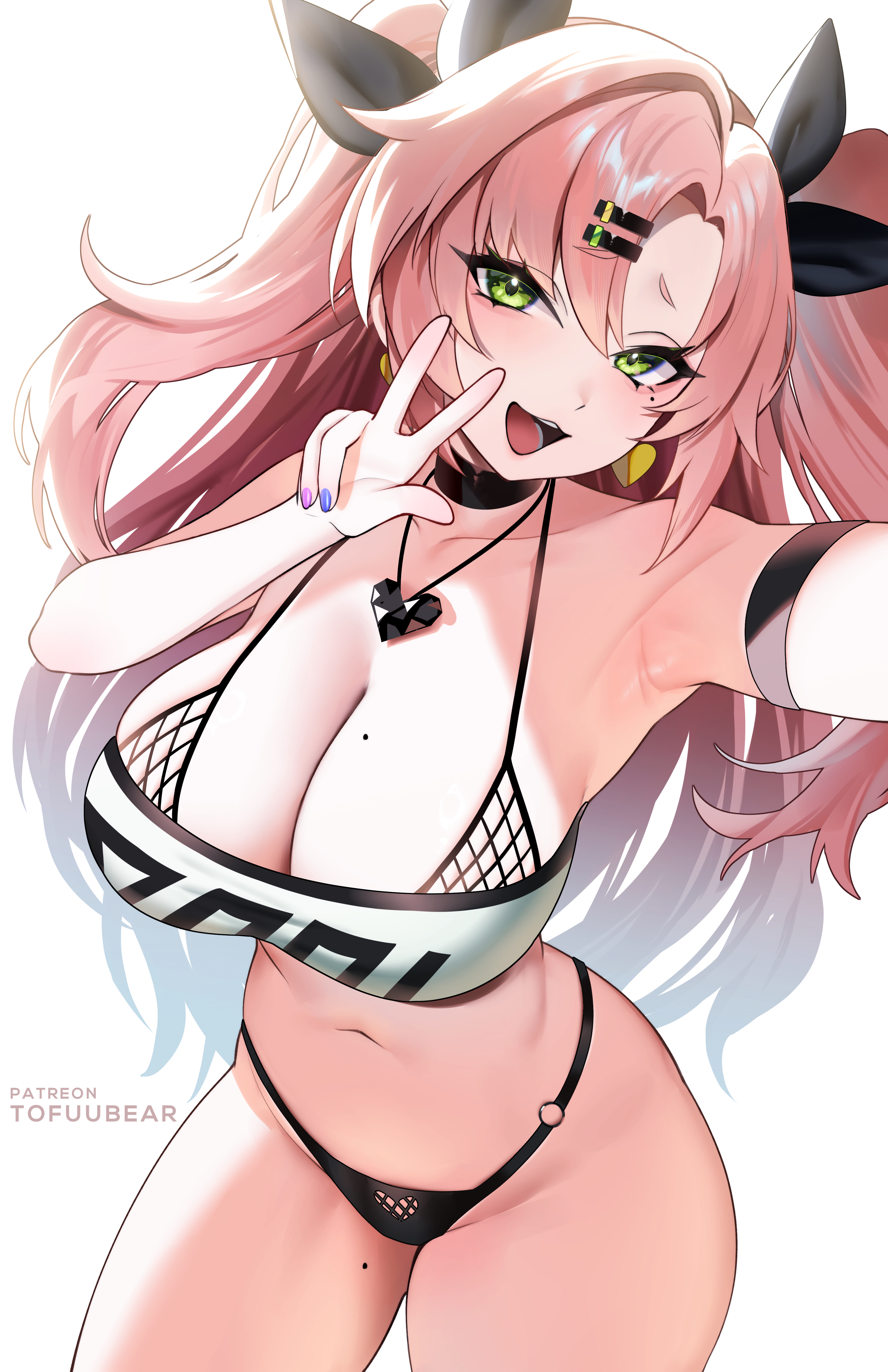1girls, absurdres, alternate breast size (larger), bare shoulders, black panties, black ribbon, breasts, cleavage, commentary, crop top, english commentary, female, female only, green eyes, hair ornament, hair ribbon, hairclip, highres, huge breasts, long hair, looking at viewer, mole, mole on breast, mole on thigh, navel, nicole demara, panties, pink hair, ribbon, tofuubear, two side up, underwear, w, zenless zone zero