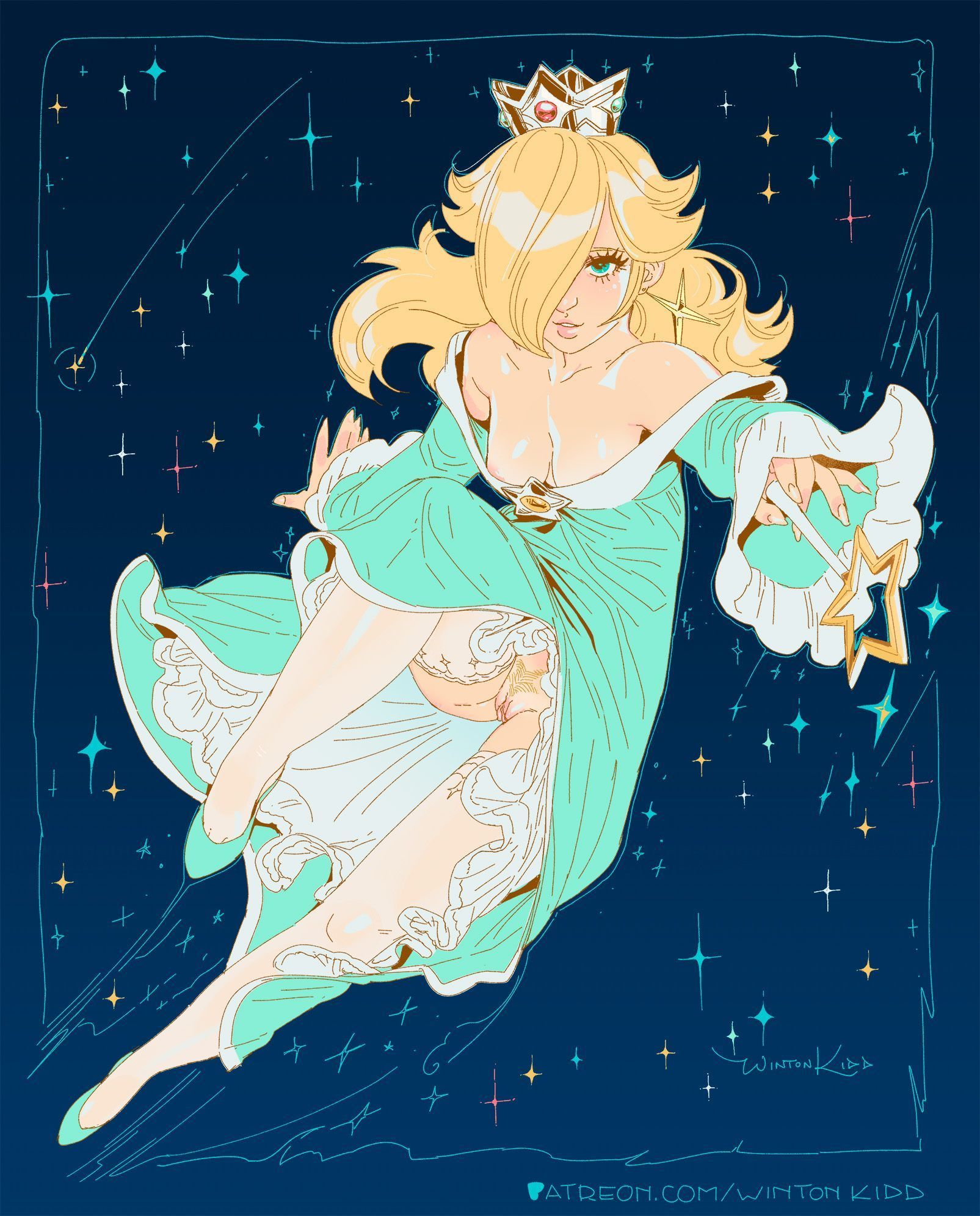 1girls, areola slip, artist name, blonde hair, blue dress, blue eyes, breasts, crown, dress, earrings, female, female only, hair over one eye, light skin, light-skinned female, long hair, mario (series), nintendo, no panties, patreon url, patreon username, princess rosalina, pubic hair, pussy, solo, tagme, thighhighs, wand, white legwear, white thighhighs, wintonkidd