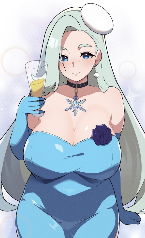 1girls, alcohol, alternate costume, black choker, blue dress, blue eyes, blue gloves, blurry, blush, breasts, choker, commentary request, cup, dress, elbow gloves, female, female only, gloves, holding, holding cup, huge breasts, long hair, looking at viewer, mature female, melony (pokemon), mituyota 76, multicolored hair, nintendo, pokemon, pokemon swsh, smile, solo, streaked hair, wine