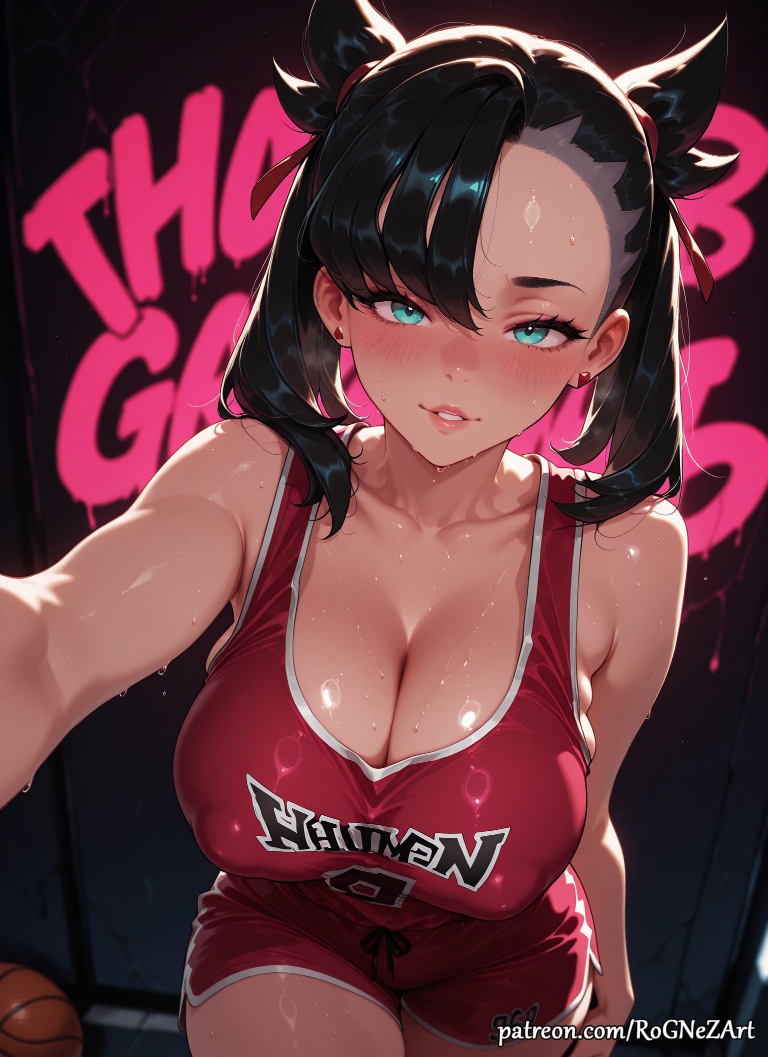 2025, ai generated, alternate breast size, anime, aqua eyes, asymmetrical bangs, bangs, bare shoulders, black hair, blush, breasts, cleavage, collarbone, covered nipples, crossover, earrings, eye contact, female, female focus, female only, flushed, hair ribbon, highres, huge breasts, jewelry, large breasts, looking at viewer, marnie (pokemon), medium hair, nsfw, parted lips, patreon, patreon username, pokemon, red ribbon, ribbon, rognezart, shorts, smile, smiling, solo, sportswear, sweat, sweaty, twintails, web address