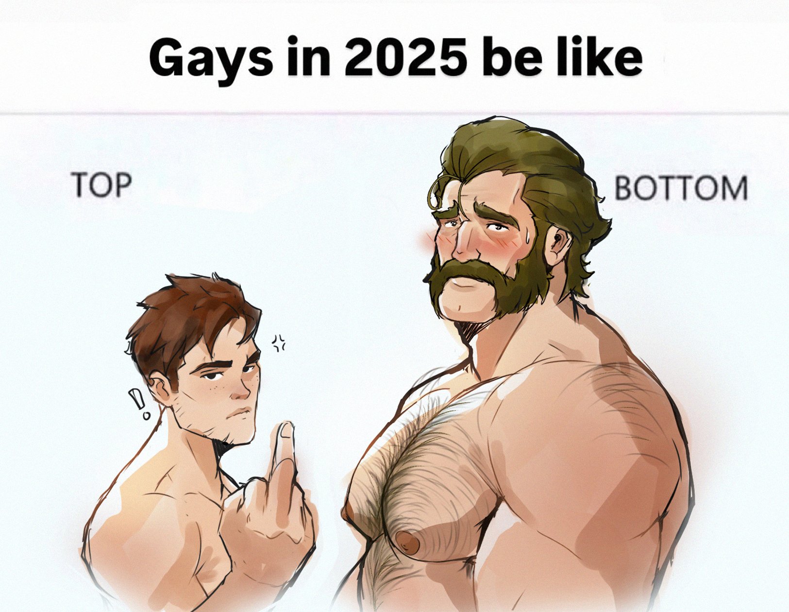 !, bara, beard, big pecs, blue eyes, chest hair, da ddy22, daddy, dilf, dispatch (game), gay, gays in 2025 be like, hairy, hairy chest, male, male only, meme, middle finger, muscular, muscular male, phenomaman, robert robertson, size difference, small top big bottom