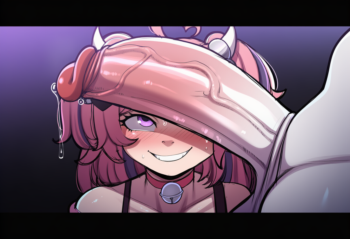 ai generated, bell choker, big penis, choker, horns, huge cock, ironmouse, lameai, looking at penis, penis in front of face, precum, precum drip, smirk, virtual youtuber, vtuber