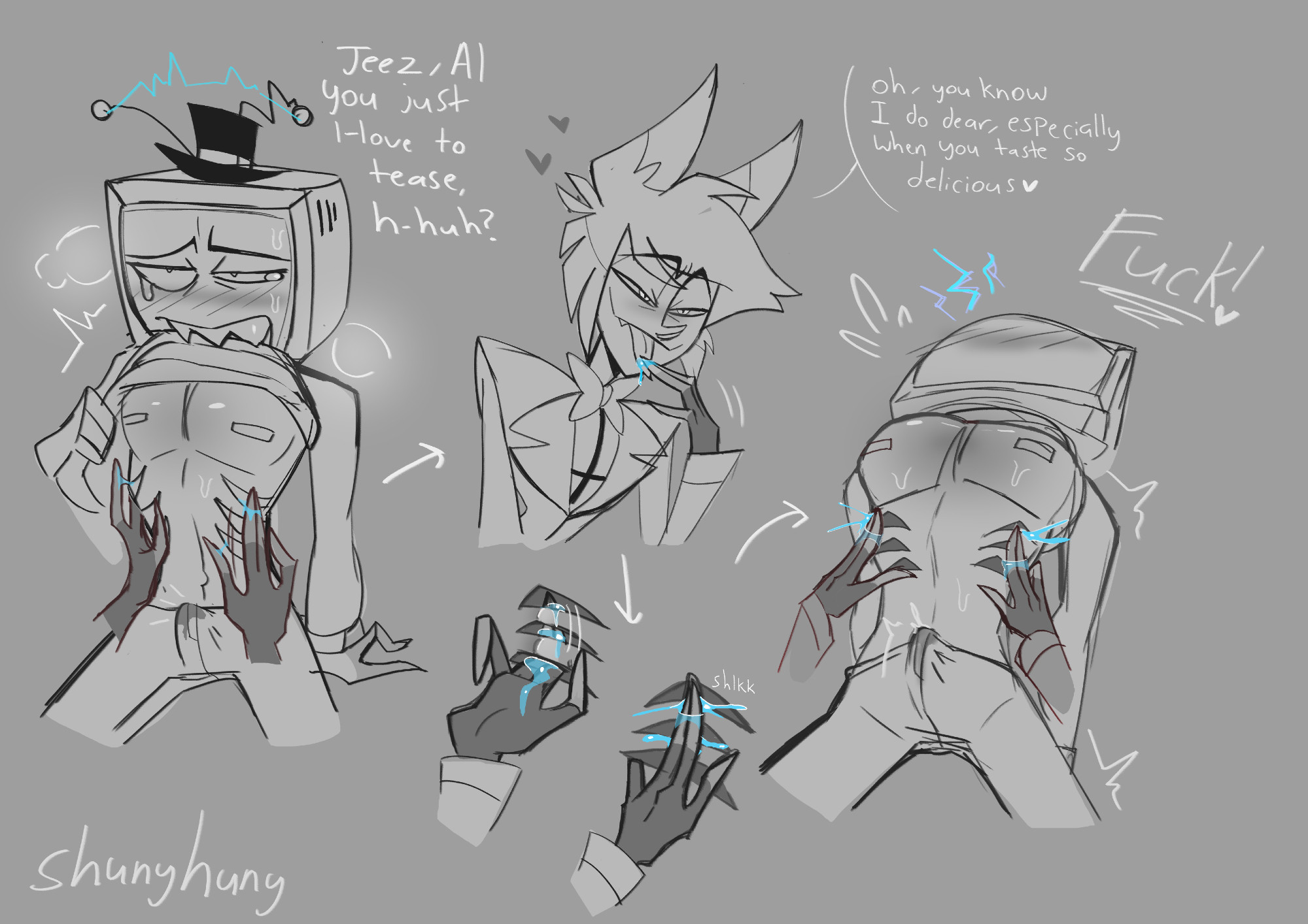 2boys, alastor (hazbin hotel), anthro, crying, edging, fingering, gay, gills, hazbin hotel, pathetic male, pleasure face, shirt bite, tasting juice, tears, teasing, vox (hazbin hotel), yaoi