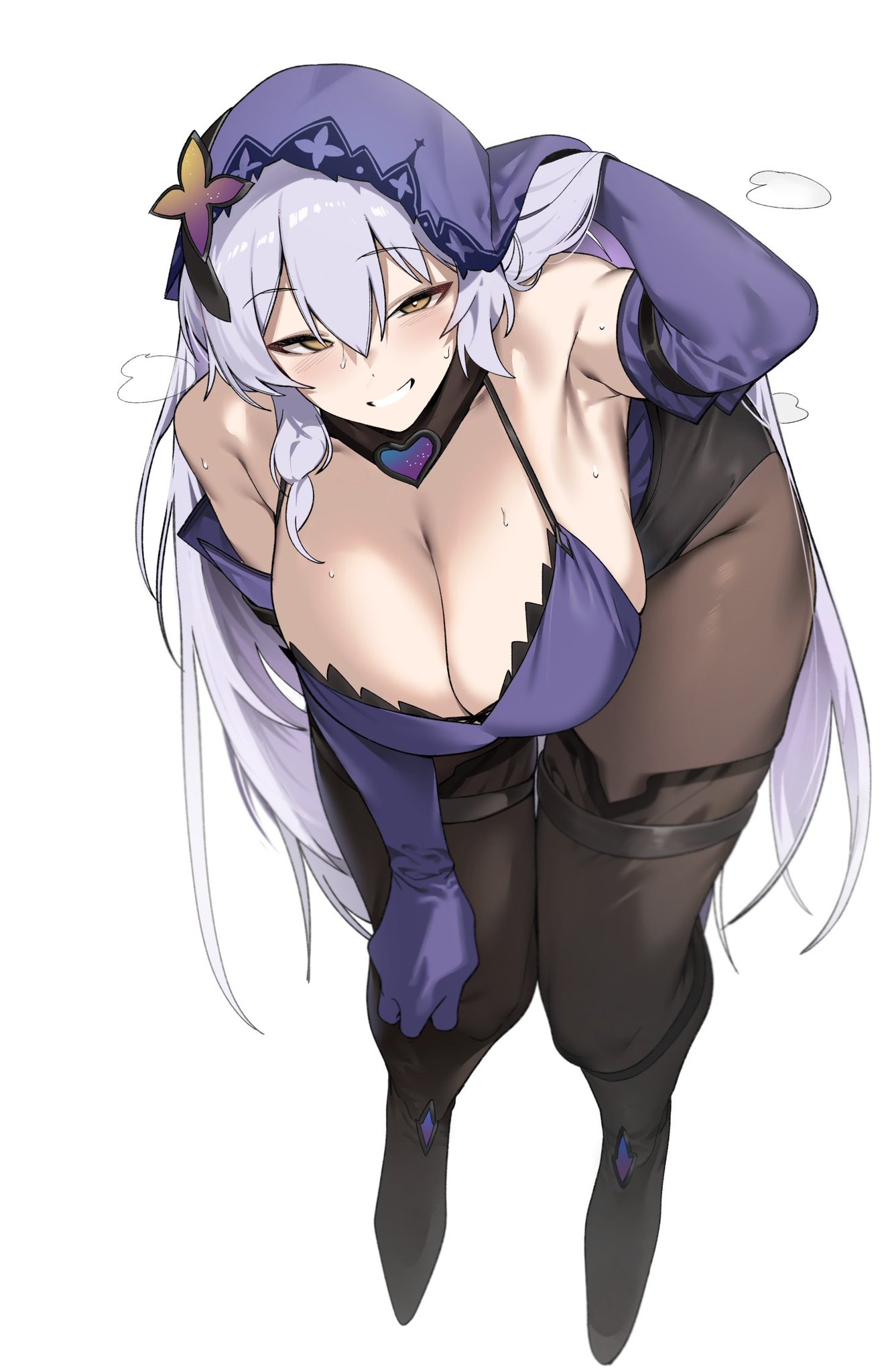 1girls, bending over, big breasts, black pantyhose, black swan (honkai: star rail), breasts, exposed breasts, female, female only, honkai: star rail, hoyoverse, light purple hair, long hair, mihoyo, pantyhose, veil
